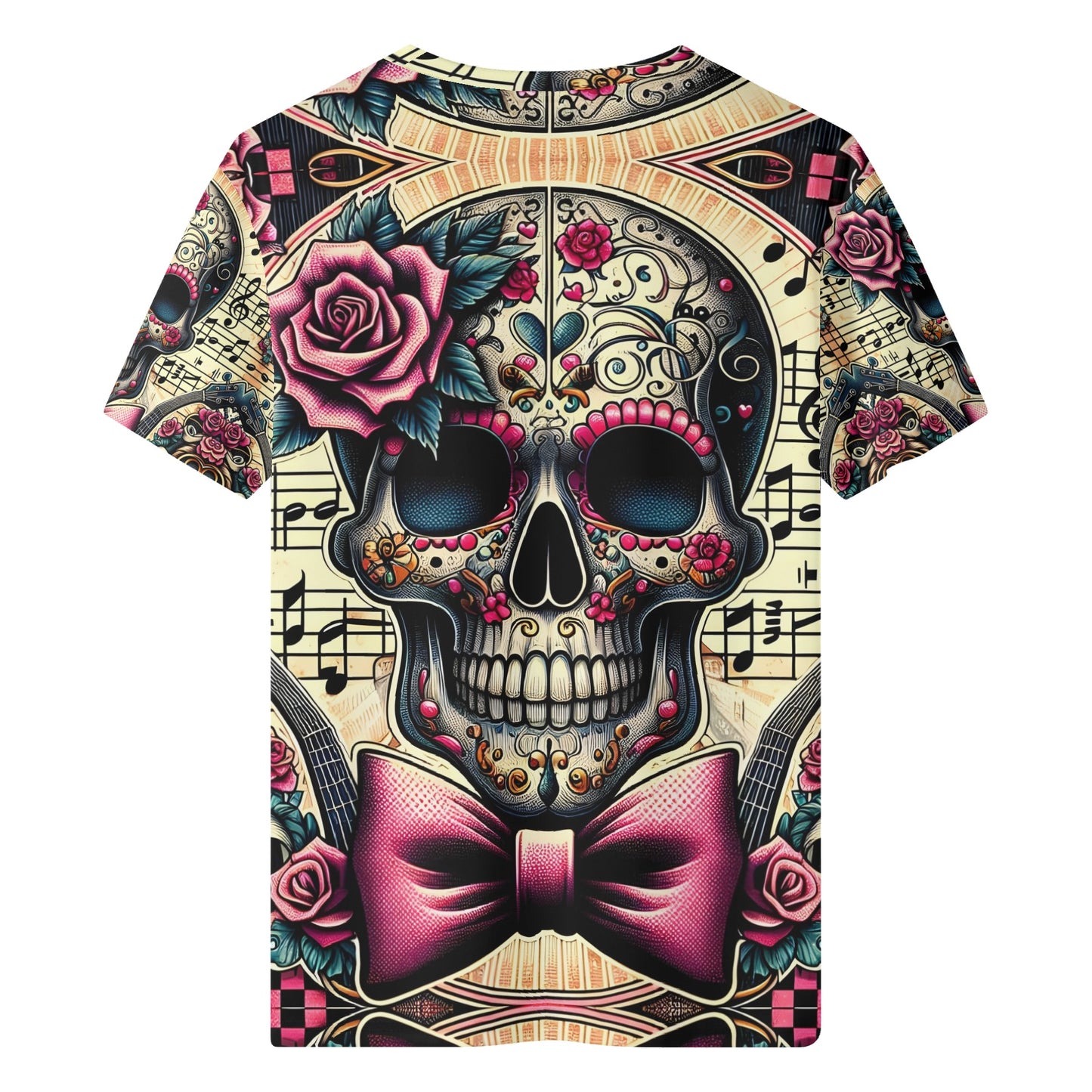 Bowtie Bones Organic Cotton Kids T-Shirt featuring colorful skull and rose design with musical notes