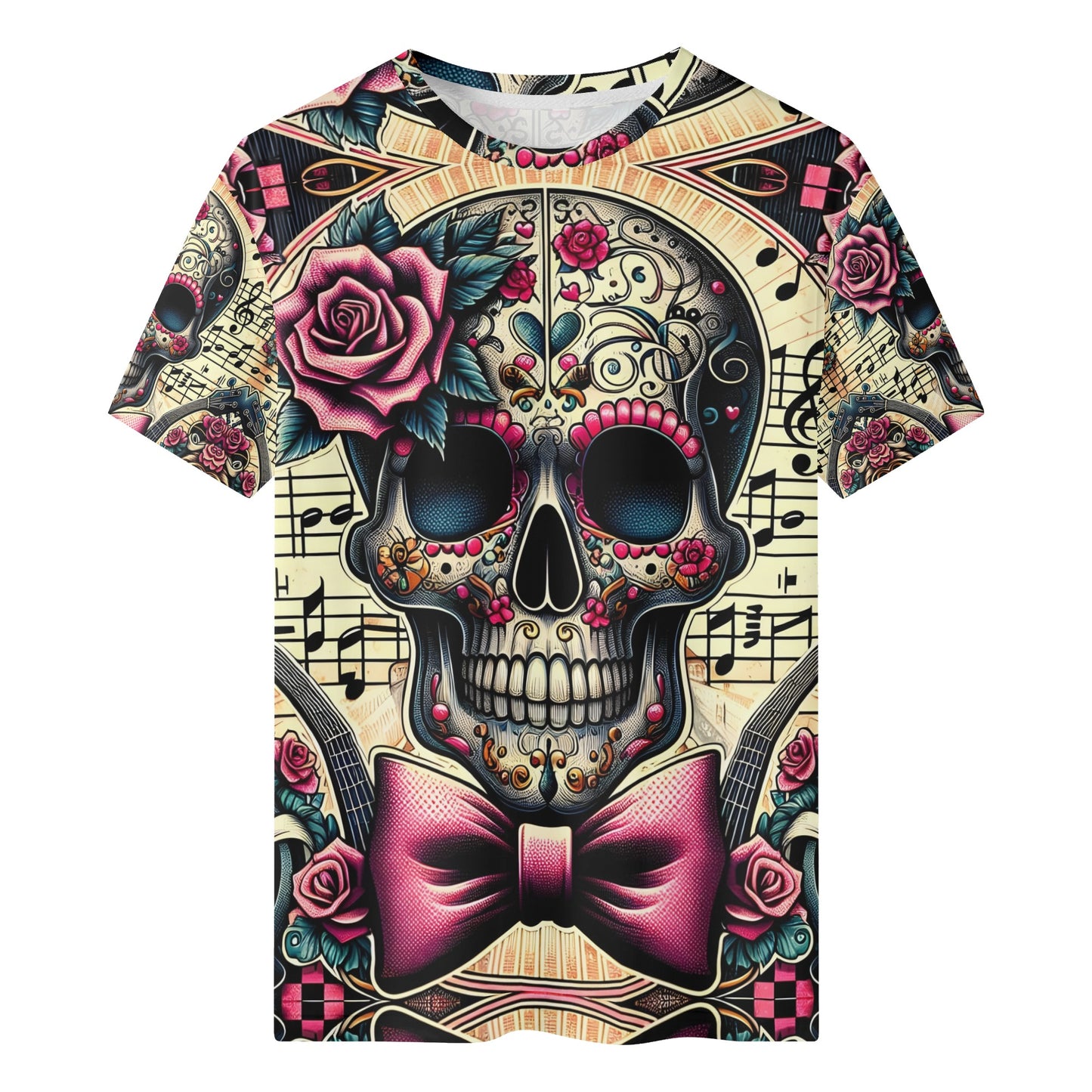 Bowtie Bones Organic Cotton Kids T-Shirt by Loud and Lethal featuring colorful skull with pink bowtie and roses design