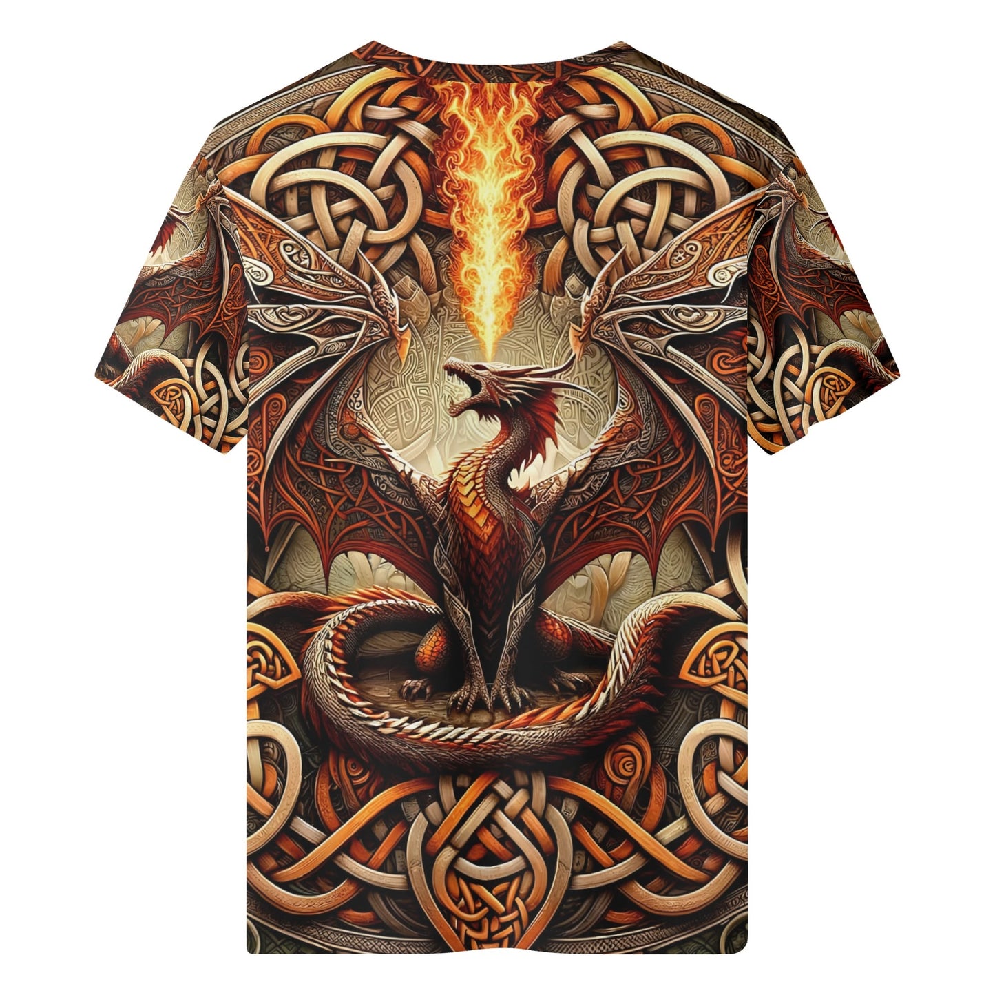 Braided Fury 100 Cotton T-Shirt with fiery dragon and intricate Celtic knot design