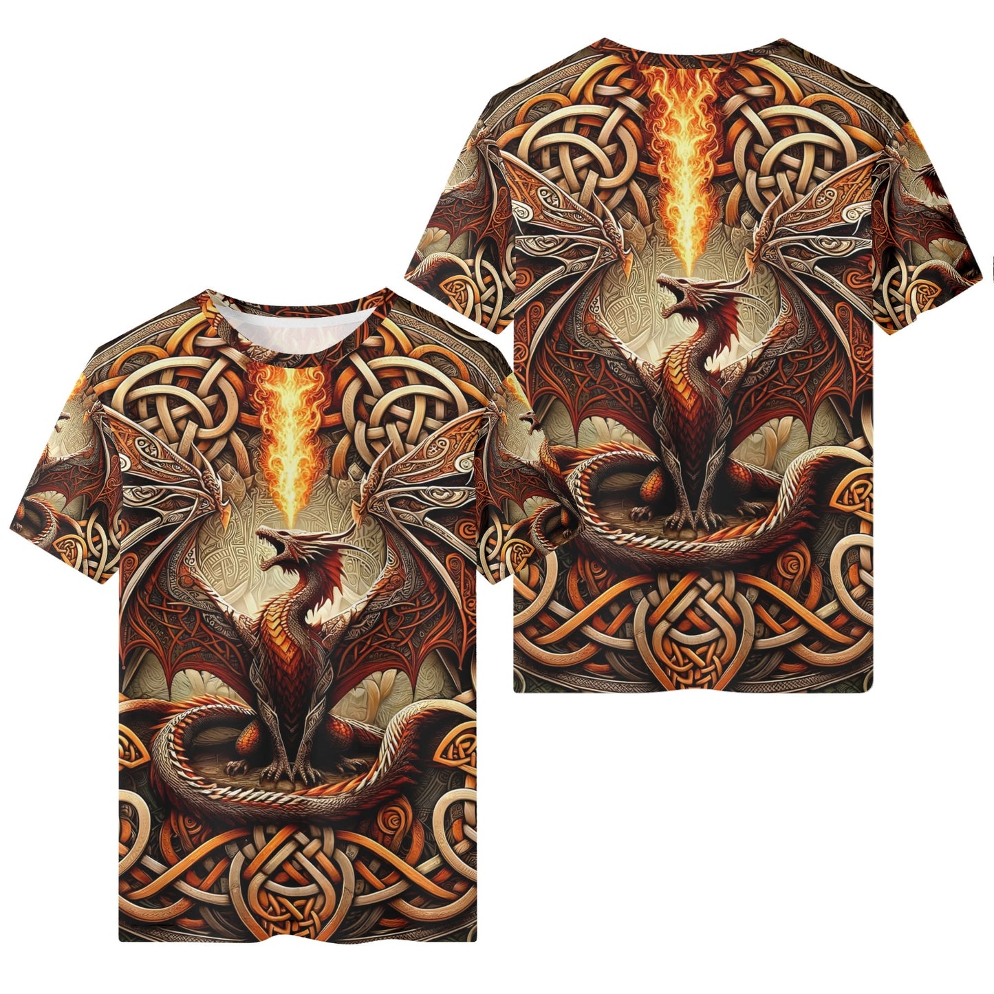 Braided Fury 100 Cotton T-Shirt featuring fiery dragon and intricate Celtic knot design