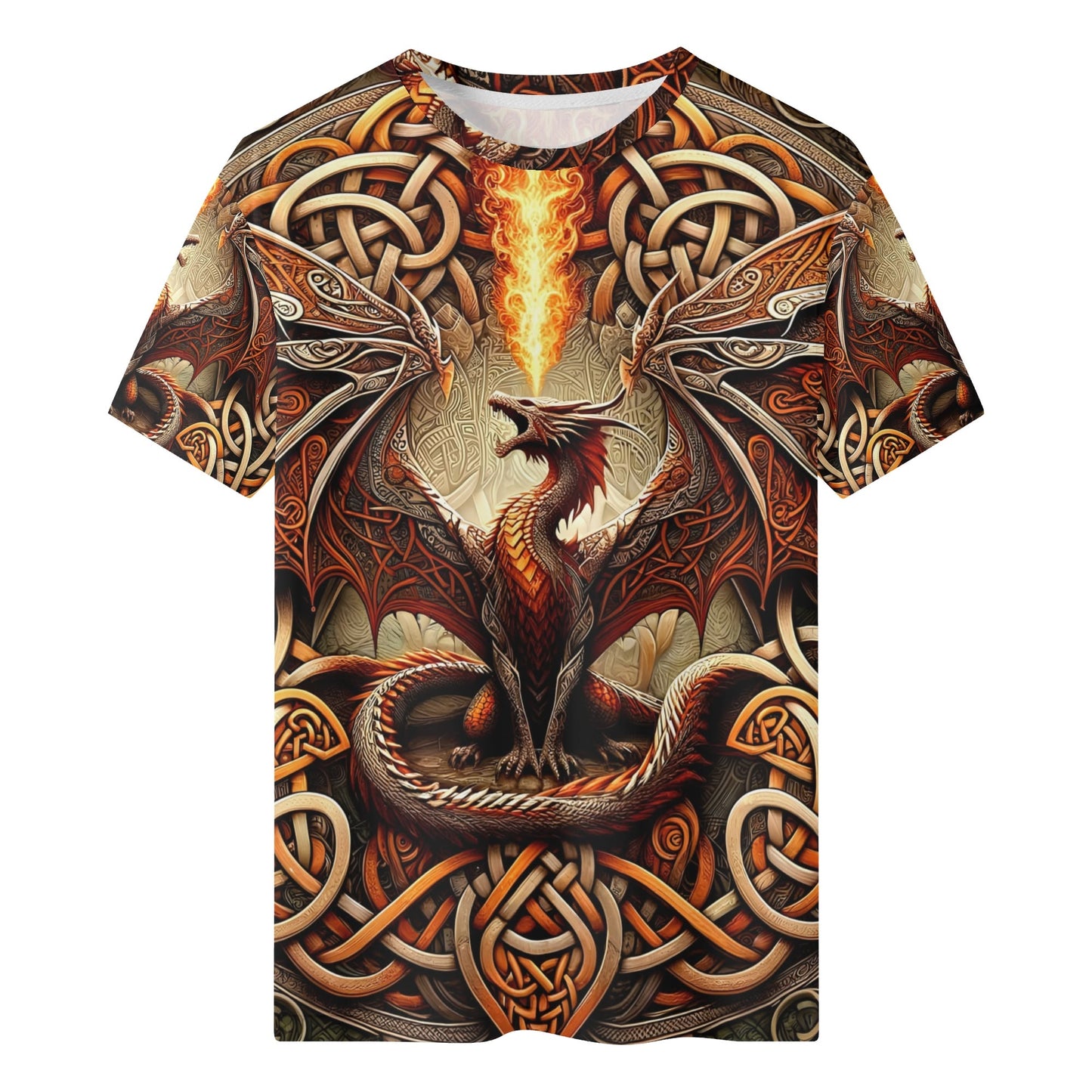 Braided Fury 100 Cotton T-Shirt featuring a fiery dragon with Celtic knot patterns on a unisex fit