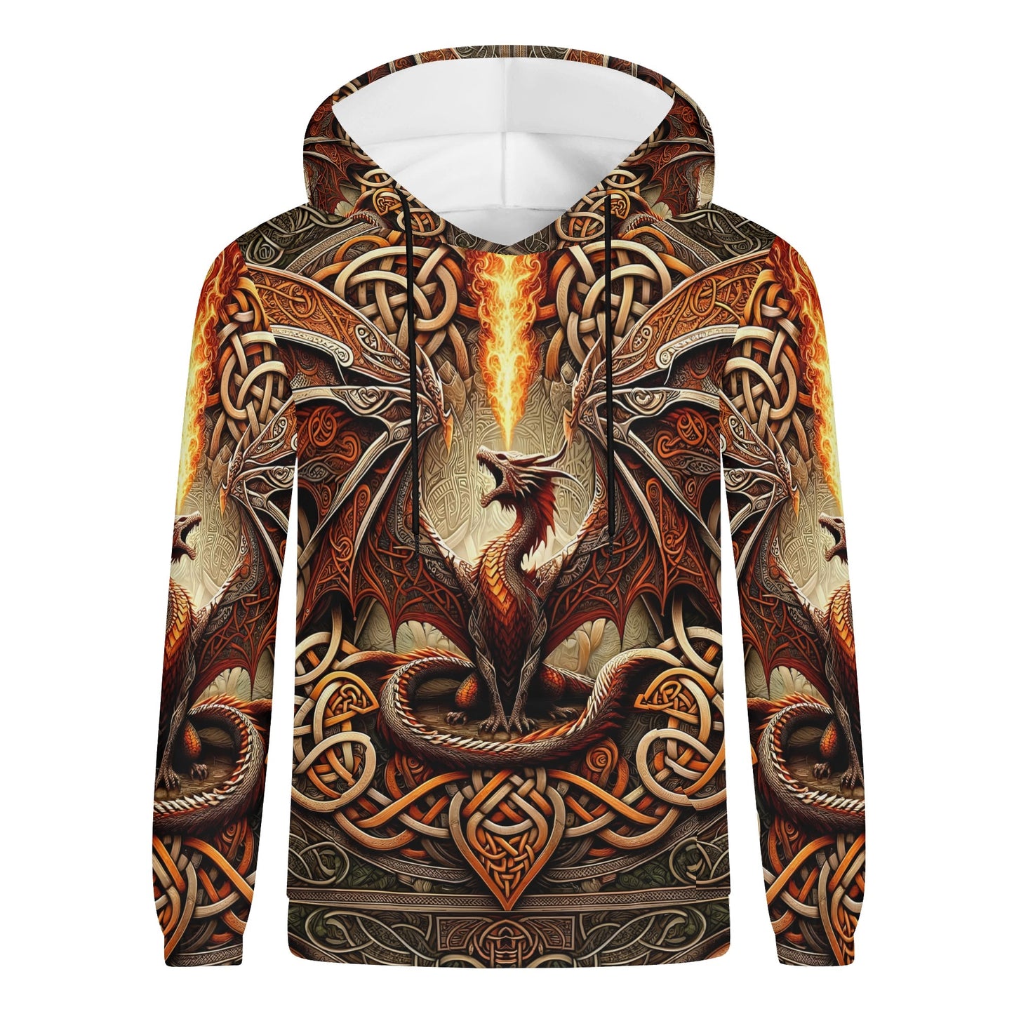 Braided Fury Cotton Terry Hoodie featuring fiery dragon and intricate Celtic knot design in vibrant orange and brown tones