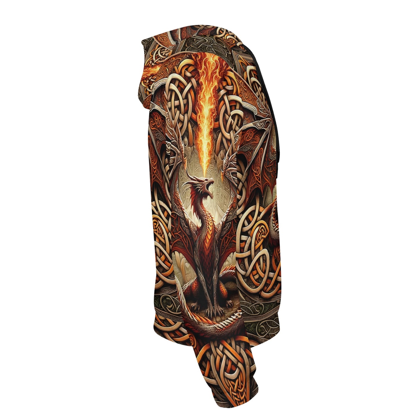 Braided Fury Cotton Terry Hoodie featuring fiery dragon and intricate Celtic knot designs in brown and orange tones
