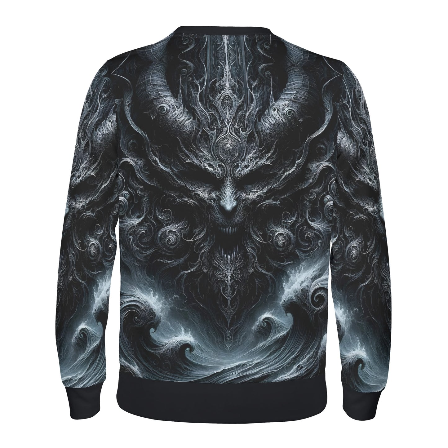 Loud and Lethal unisex sweater back with dark demonic art and waves Shadows of Perdition Poly French Terry Sweatshirt