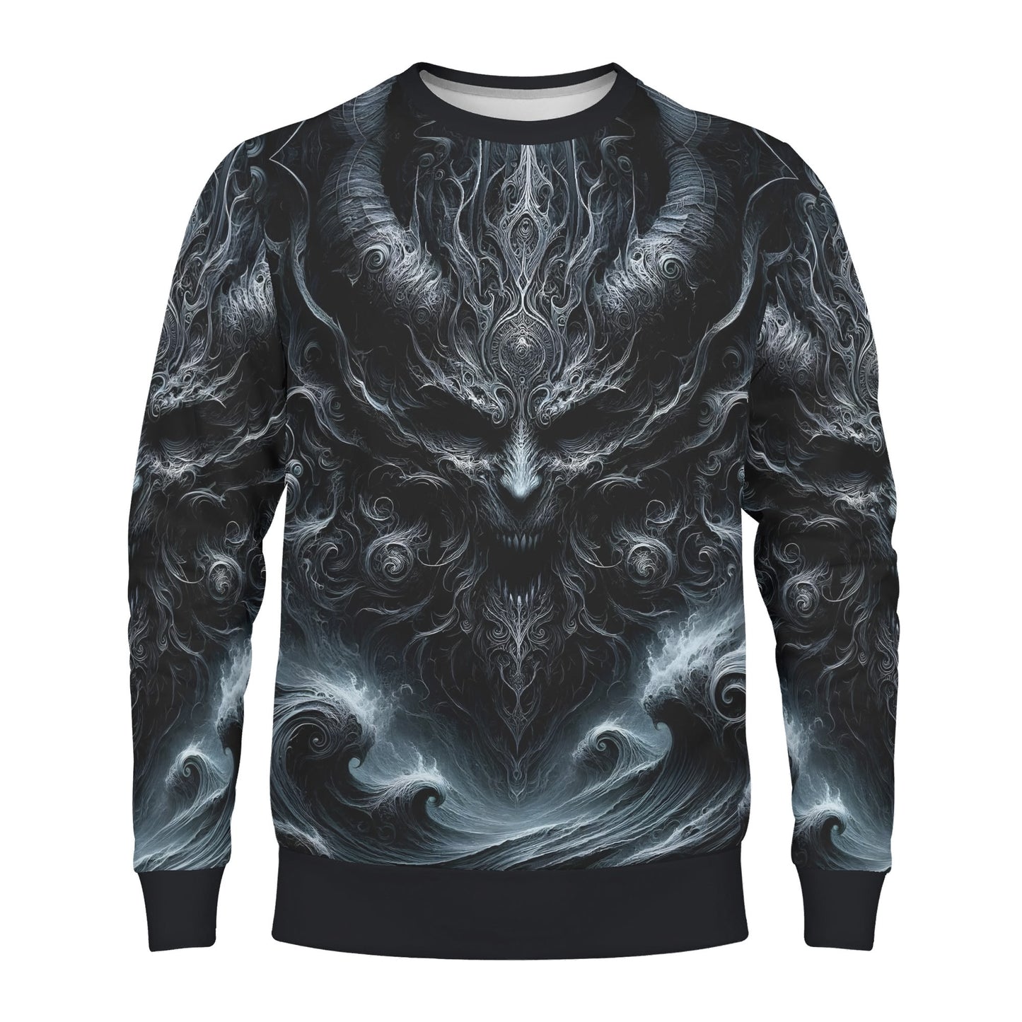 Shadows of Perdition Poly French Terry Sweatshirt by Loud and Lethal unisex sweater with horned demonic face and swirling waves
