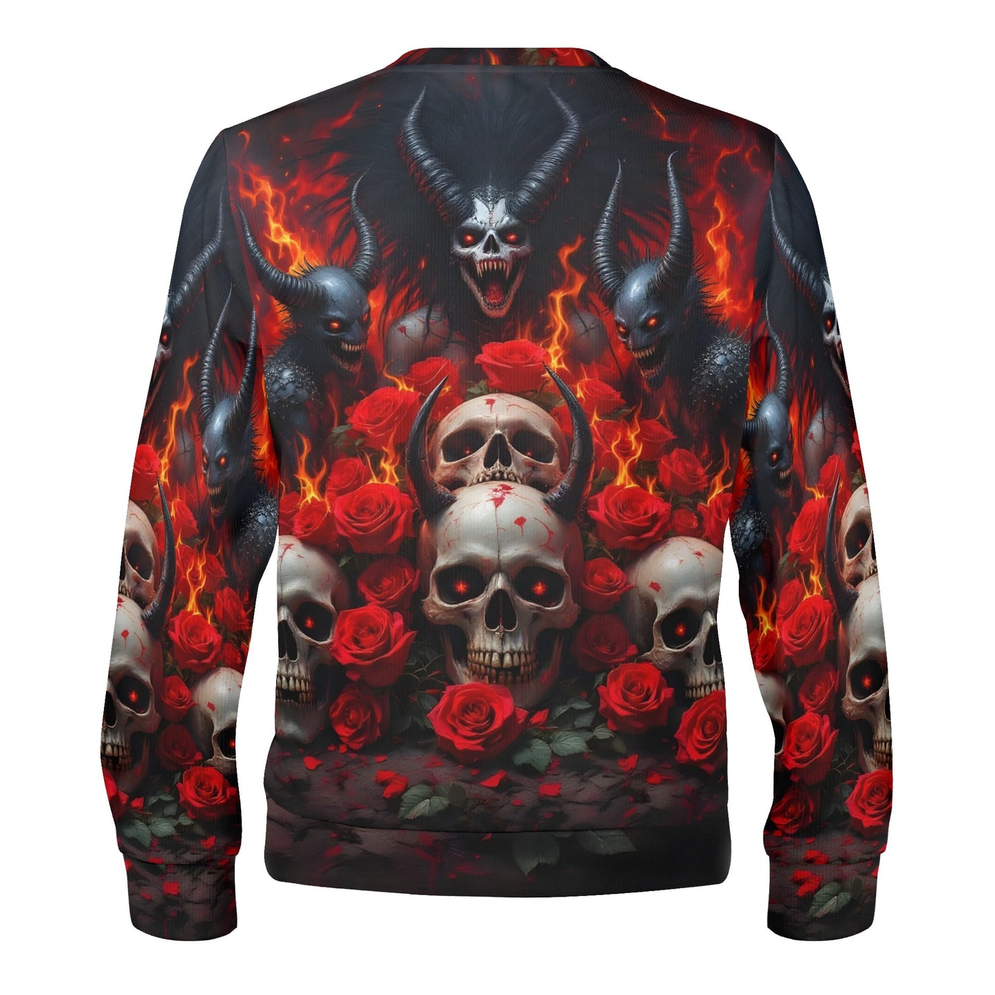 The Eternal Inferno Poly French Terry Sweatshirt unisex back with flaming skulls red roses and horned demons
