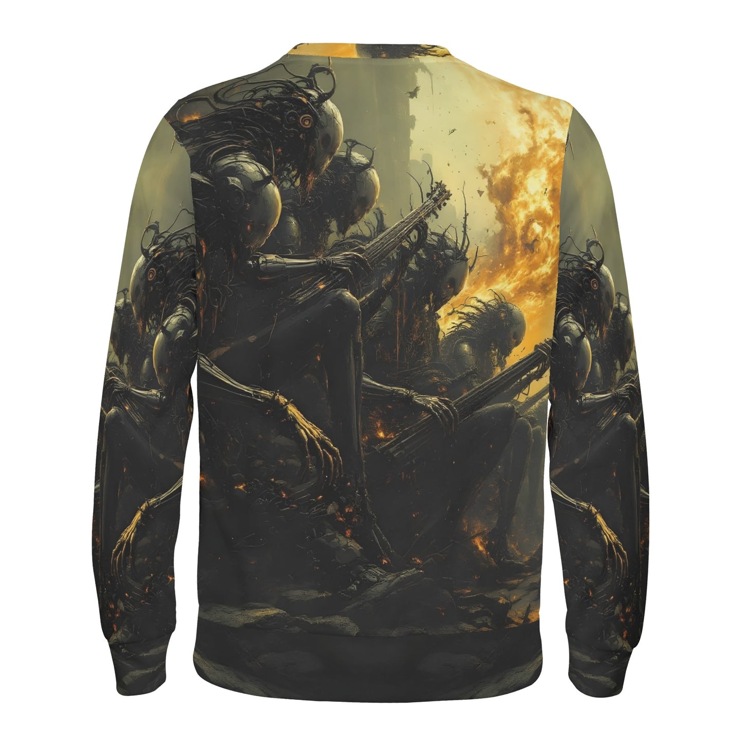 Loud and Lethal unisex sweater back shows dark robotic skeletal band and flames Twisted Souls of Chaos Poly French Terry Sweatshirt