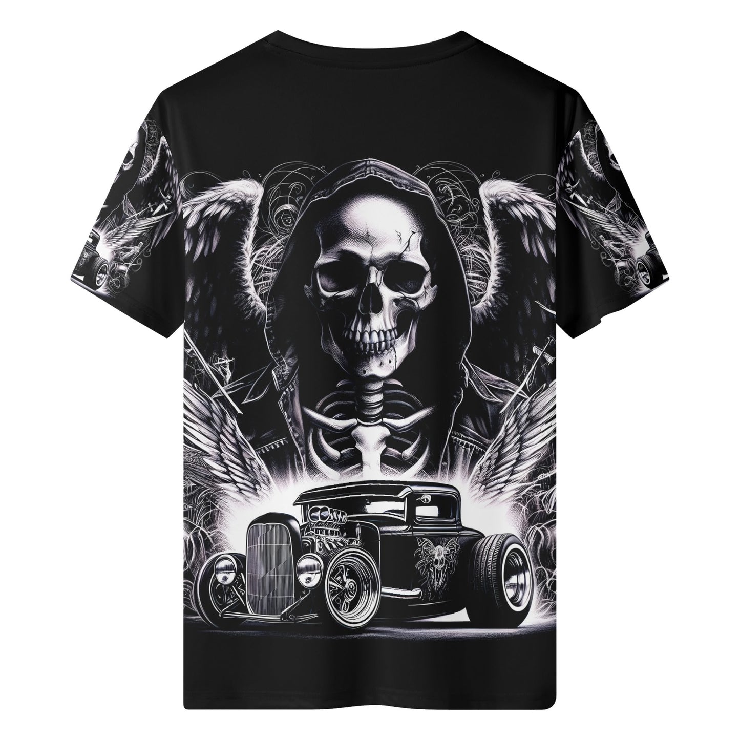 Black Chrome and Bones 100 Cotton T-Shirt with skull, wings, and vintage hot rod graphic design