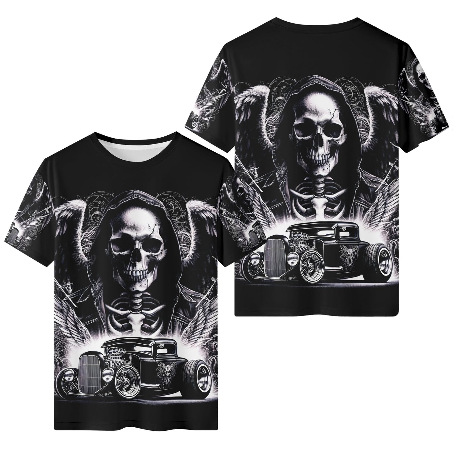 Loud and Lethal Chrome and Bones 100 Cotton T-Shirt with skull and vintage car graphic design