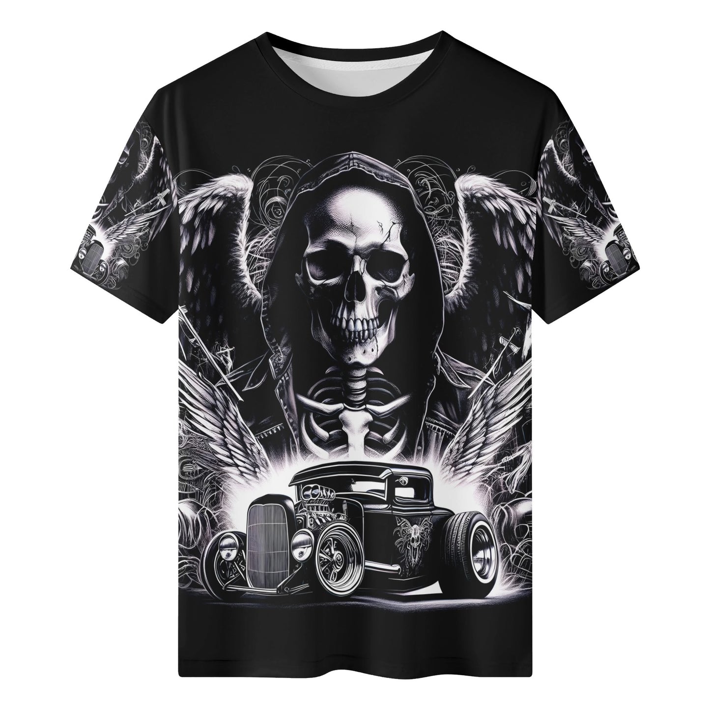 Loud and Lethal Chrome and Bones 100 Cotton T-Shirt featuring skull with wings and classic hot rod car graphic