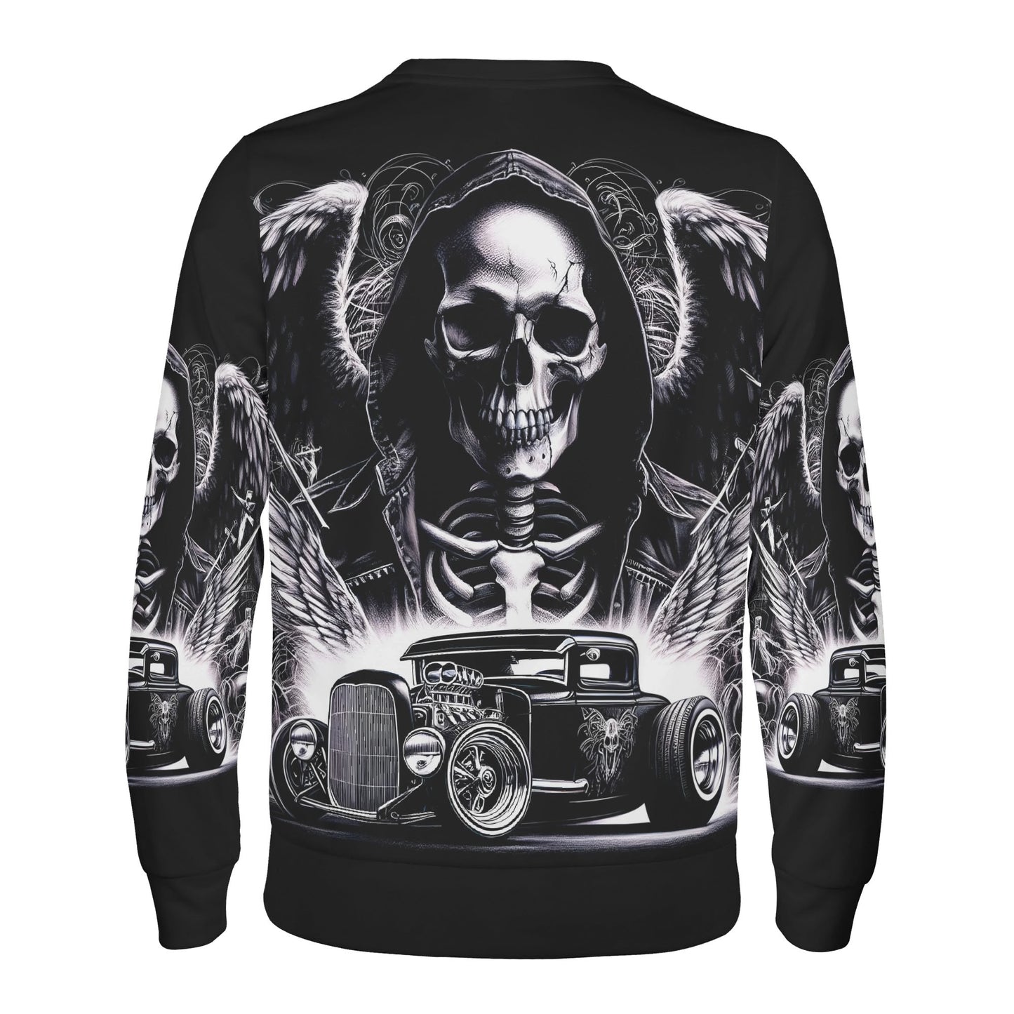 Chrome and Bones Poly French Terry Sweatshirt unisex black back print skull grim reaper with wings and hot rod