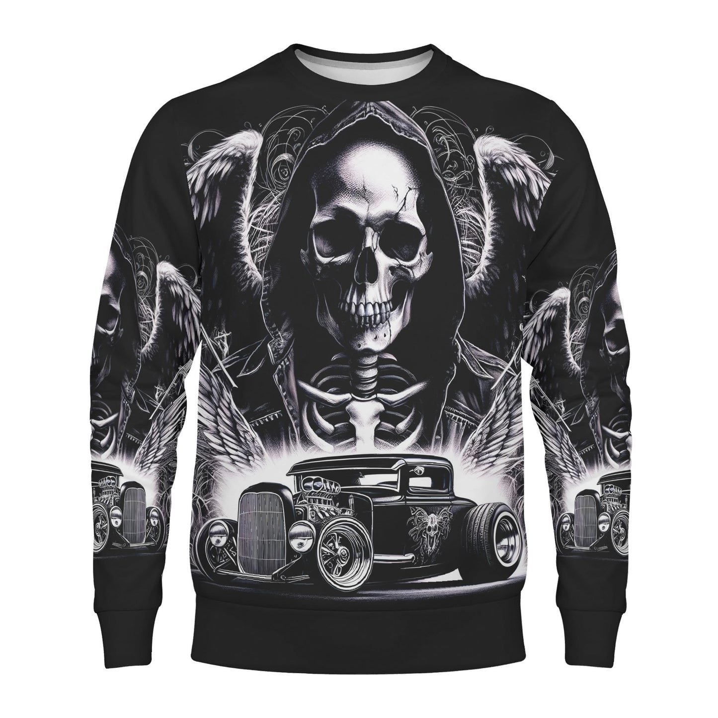 Chrome and Bones Poly French Terry Sweatshirt Loud and Lethal unisex black sweater with skull reaper wings and hot rod print