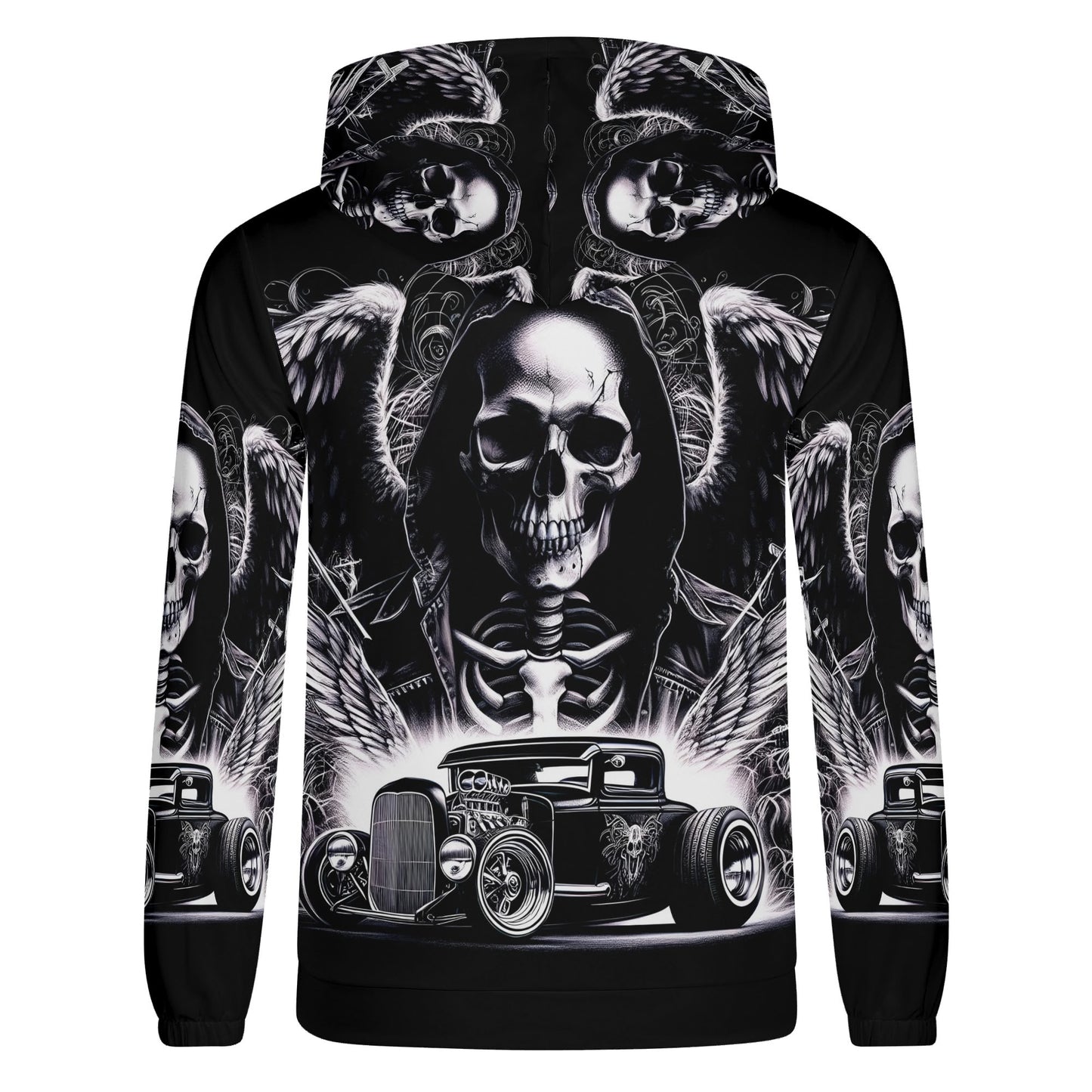 Loud and Lethal Chrome and Bones Poly French Terry hoodie with black skull and vintage car design