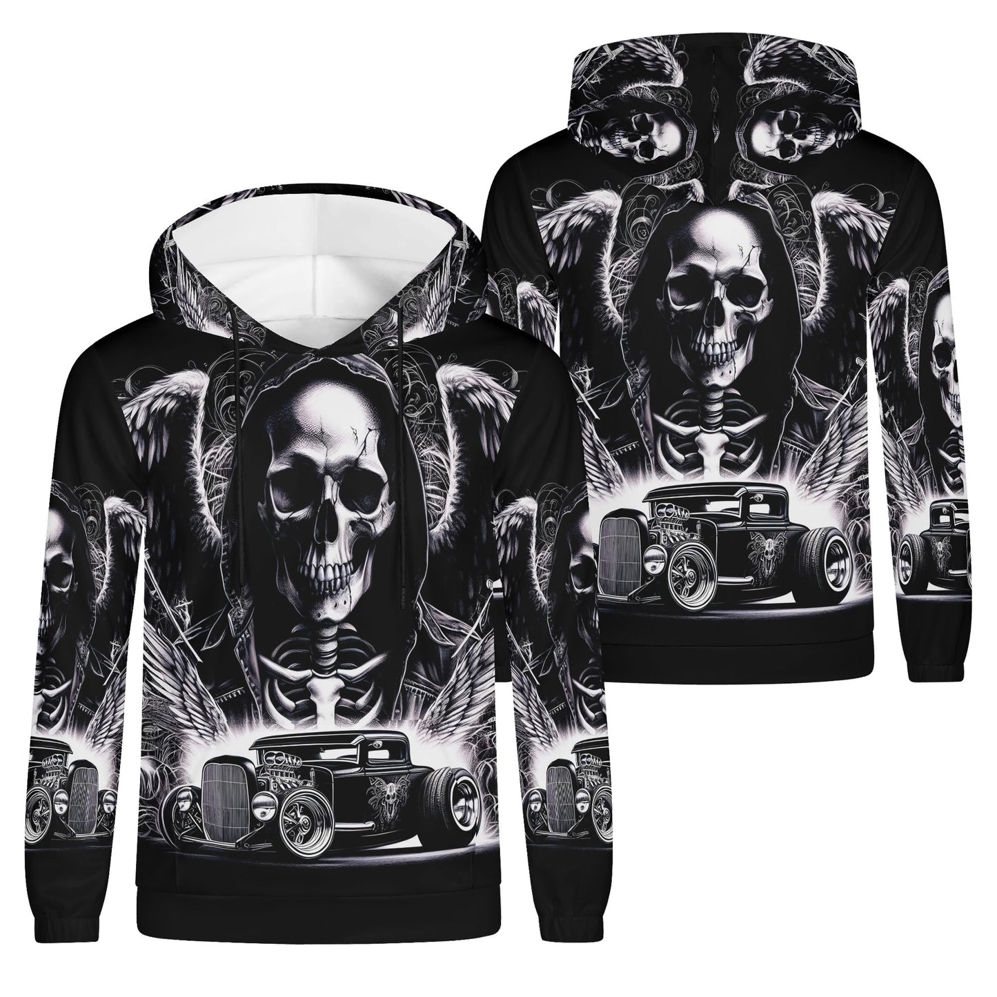 Chrome and Bones Poly French Terry hoodie featuring a skull and vintage car graphic in black and white