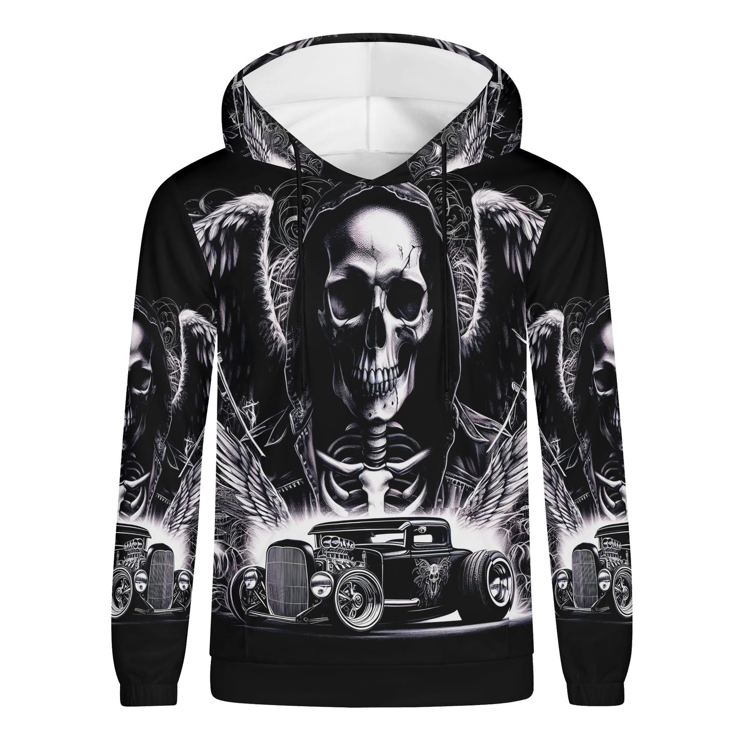 Chrome and Bones Poly French Terry hoodie by Loud and Lethal with black skull and vintage car graphic design