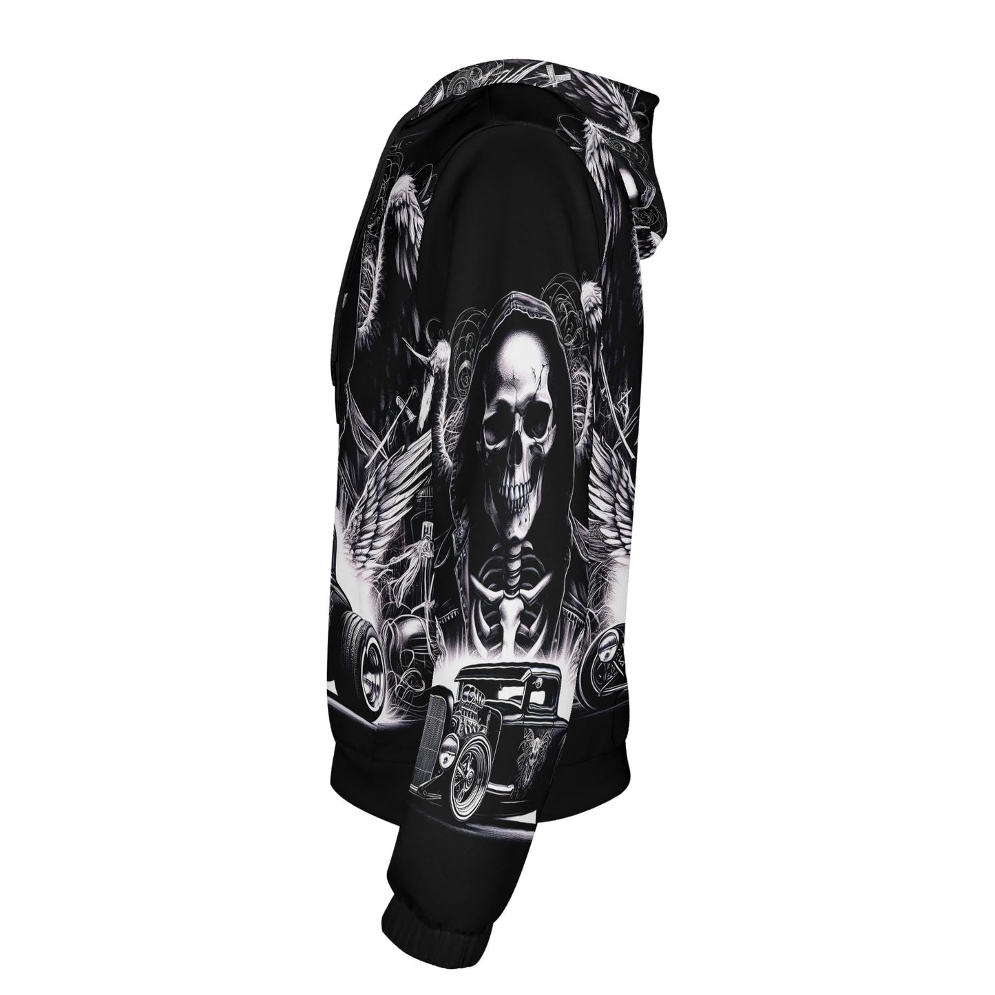 Loud and Lethal Chrome and Bones Poly French Terry hoodie with skull and car graphic design