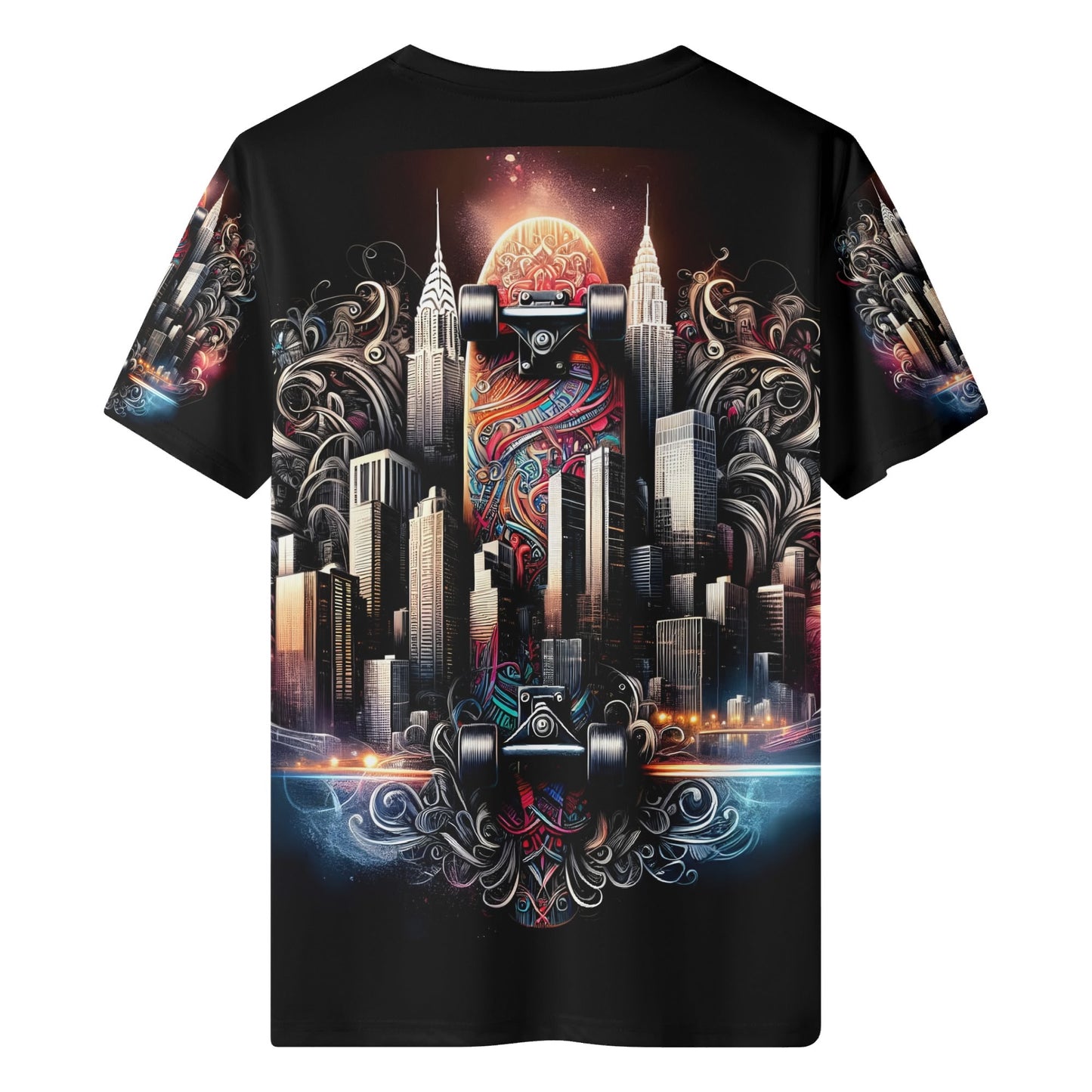 City Skate 100 Cotton T-Shirt with artistic skateboard and city skyline graphic on black unisex tee