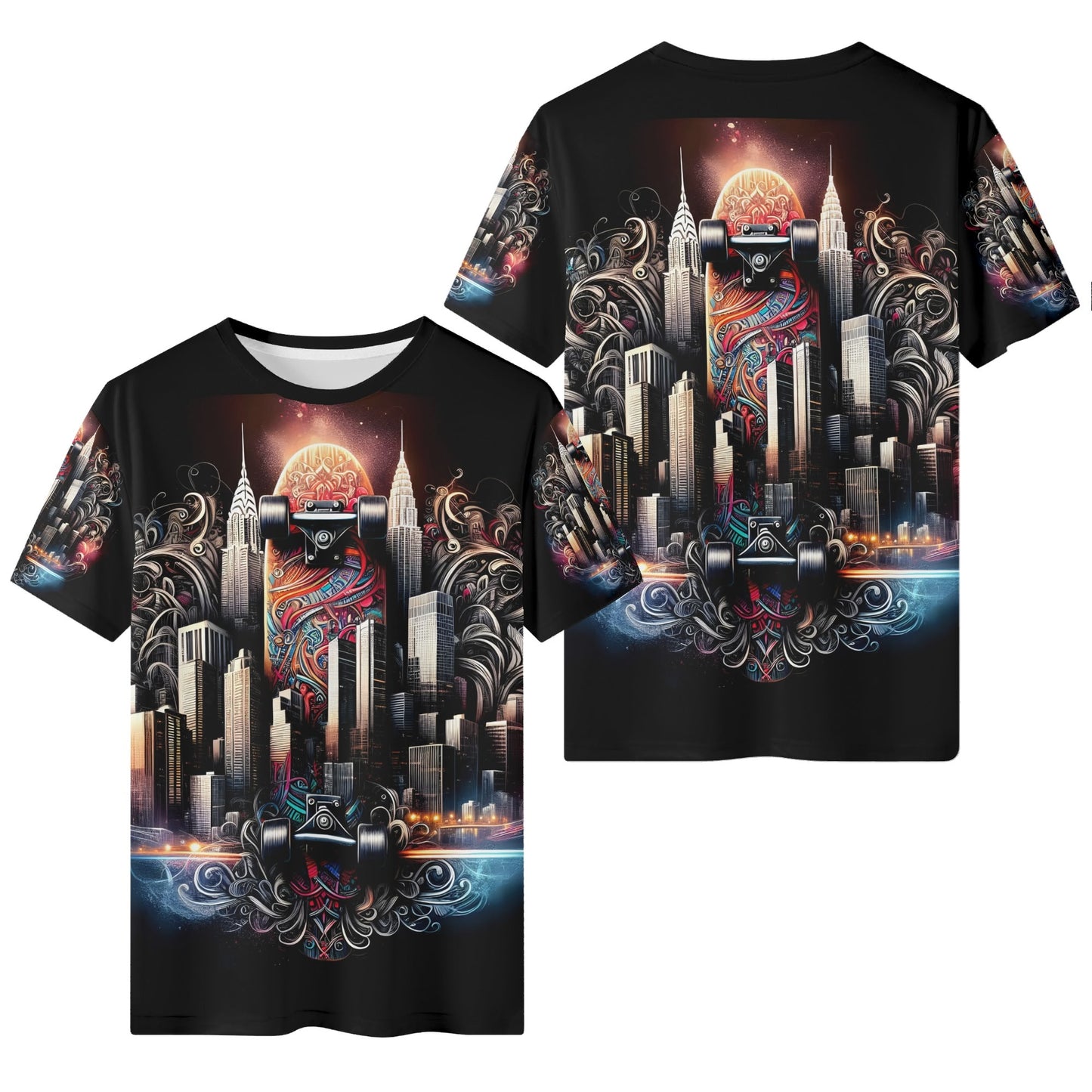 Loud and Lethal City Skate 100 Cotton T-Shirt with vibrant cityscape and skateboard graphic on black unisex tee