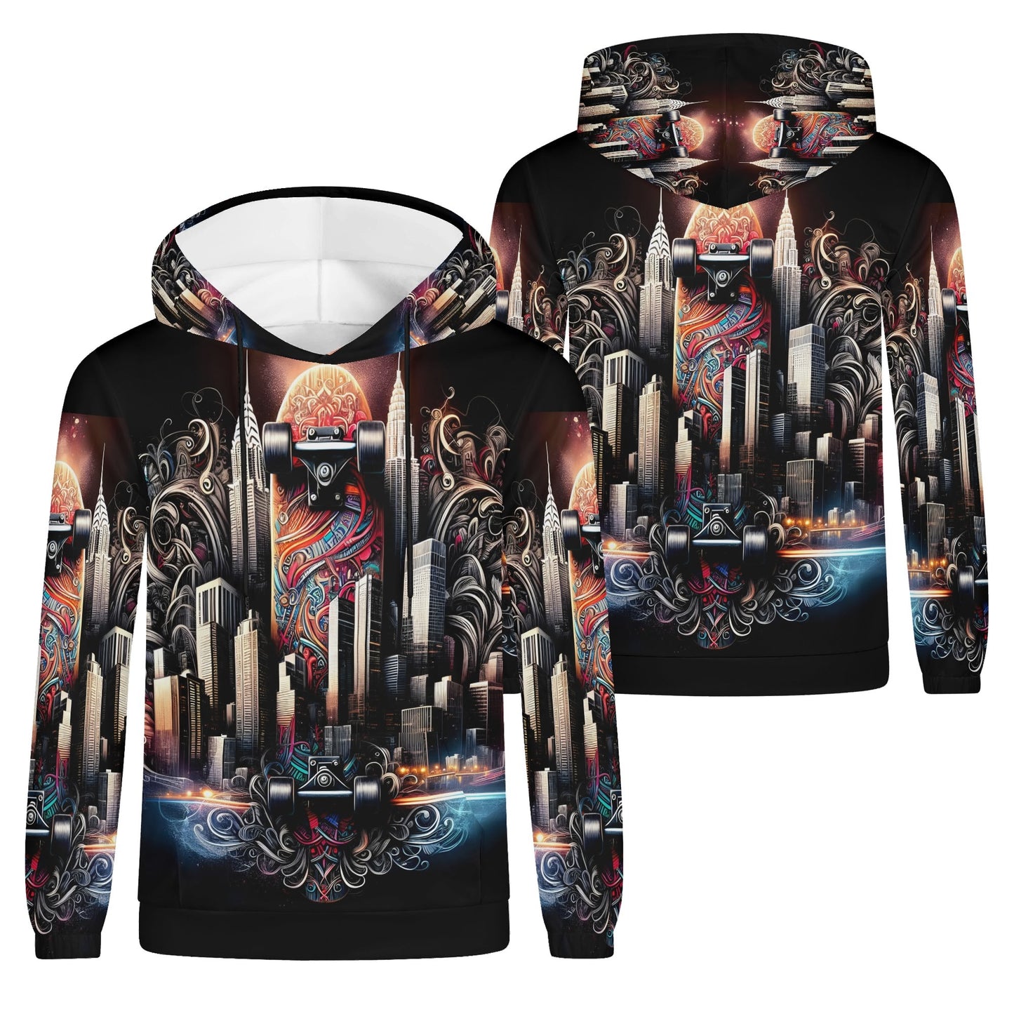 City Skate poly French terry hoodie by Loud and Lethal with vibrant skateboard and city skyline design