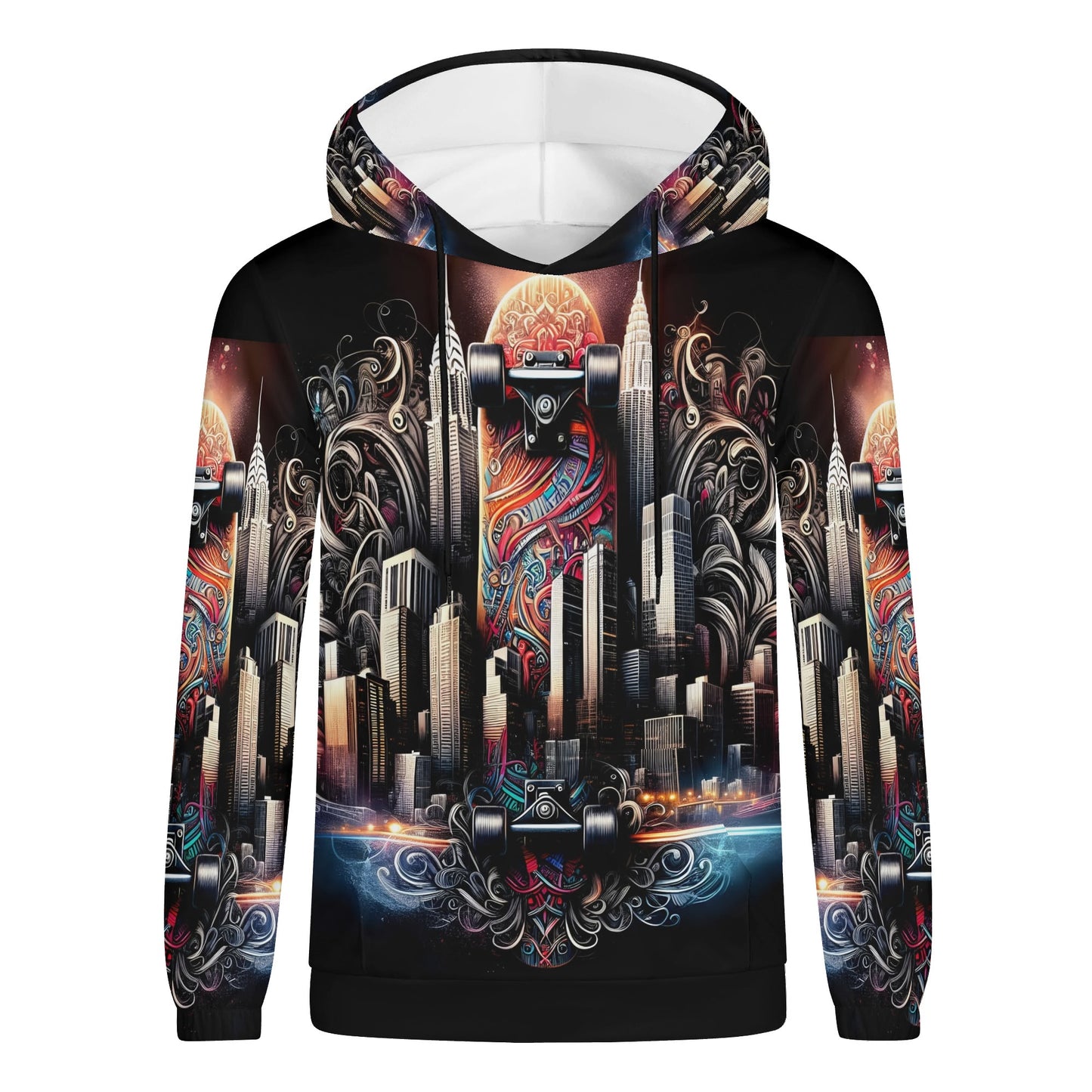 City Skate poly French terry hoodie by Loud and Lethal with colorful skateboard and city skyline design