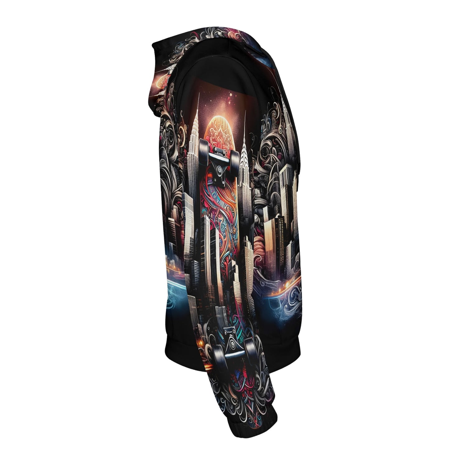 Loud and Lethal City Skate poly French terry hoodie with vibrant skateboard and cityscape design