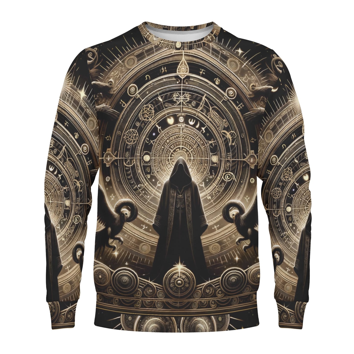 Starborn Ascendant Poly French Terry Sweatshirt unisex sweater with hooded cloaked figure and gold astrological mandala design