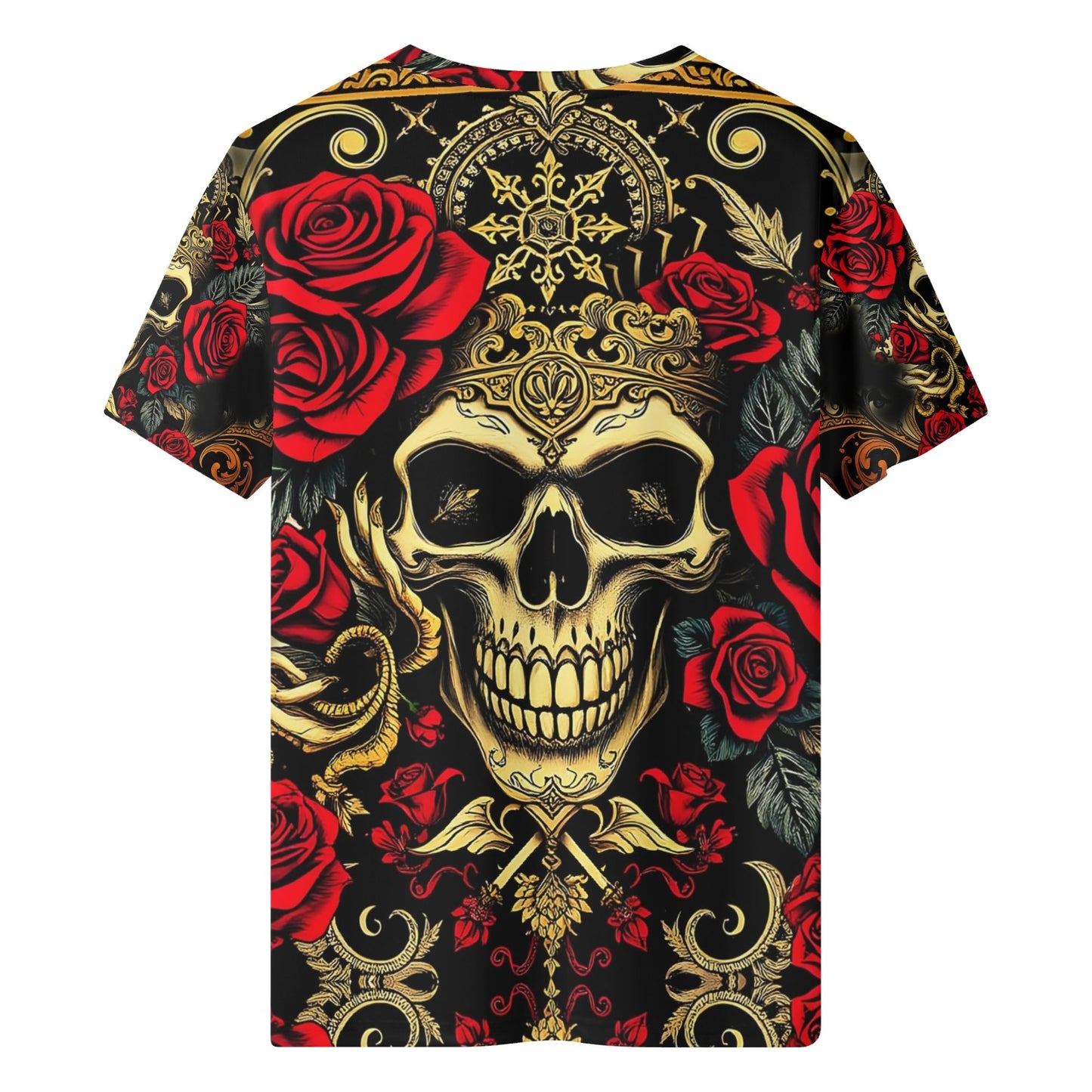 Crimson Path 100 Cotton T-Shirt featuring a skull with a crown and red roses on black background