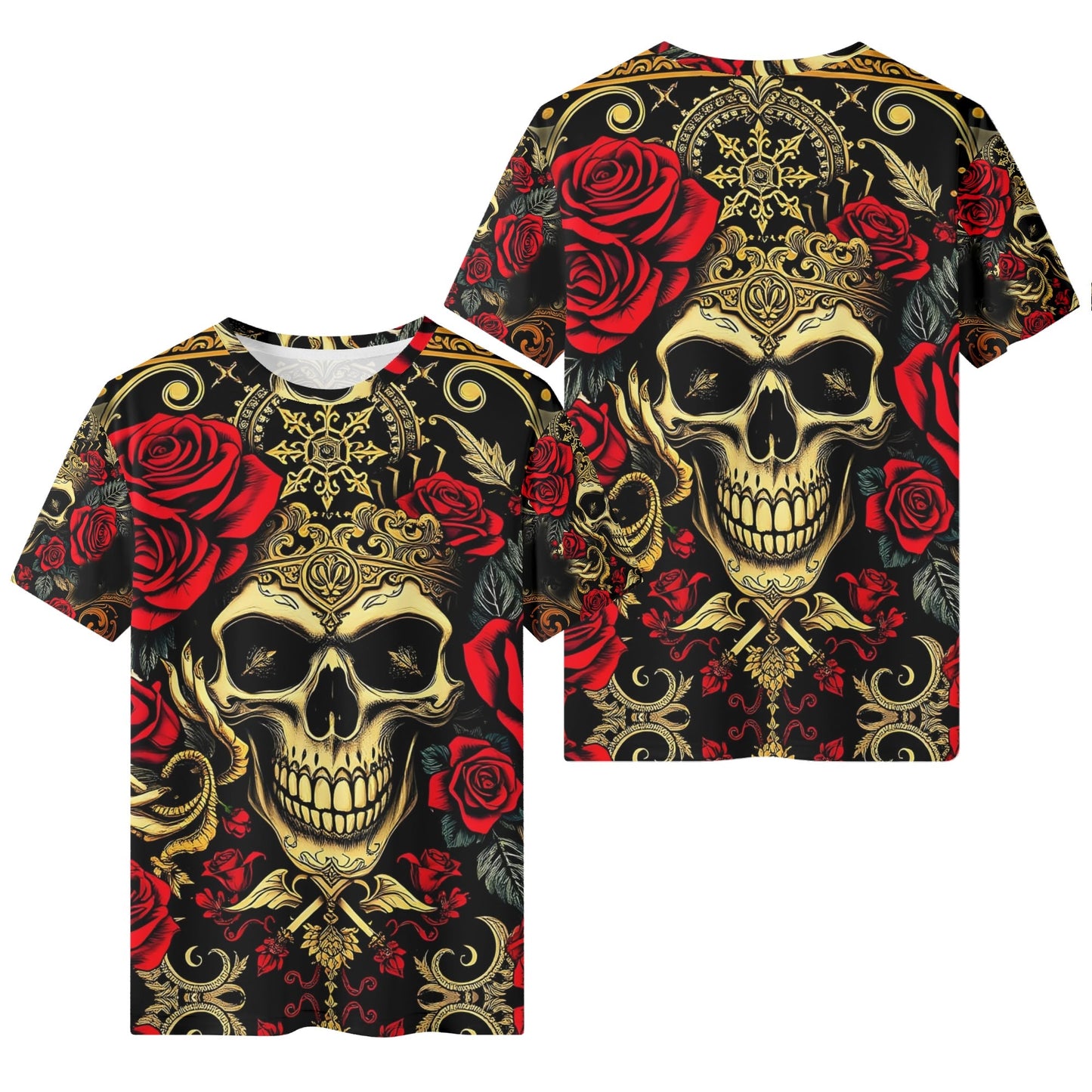 Loud and Lethal Crimson Path 100 Cotton T-Shirt with skull and red rose design, unisex
