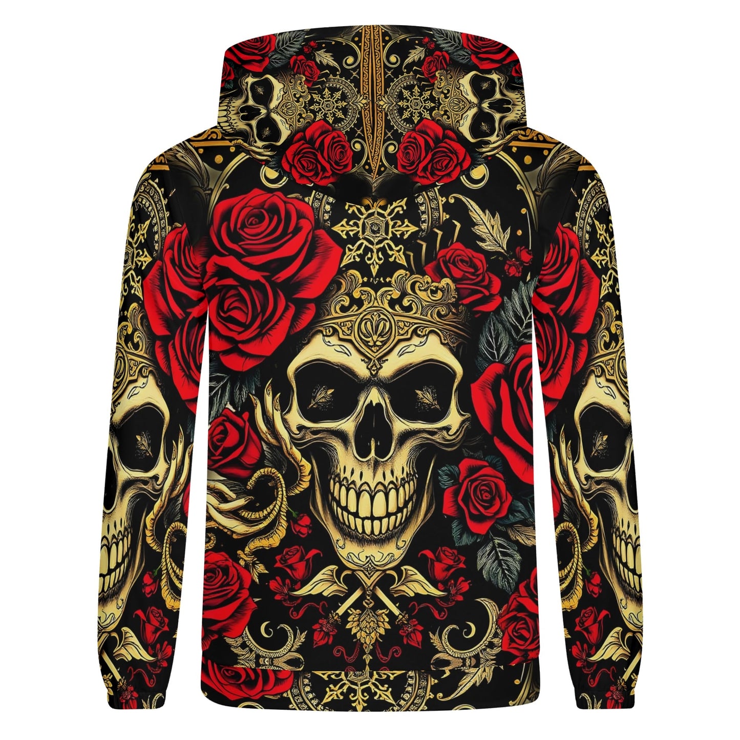 Loud and Lethal Crimson Path Poly French Terry hoodie with skull and red rose intricate design