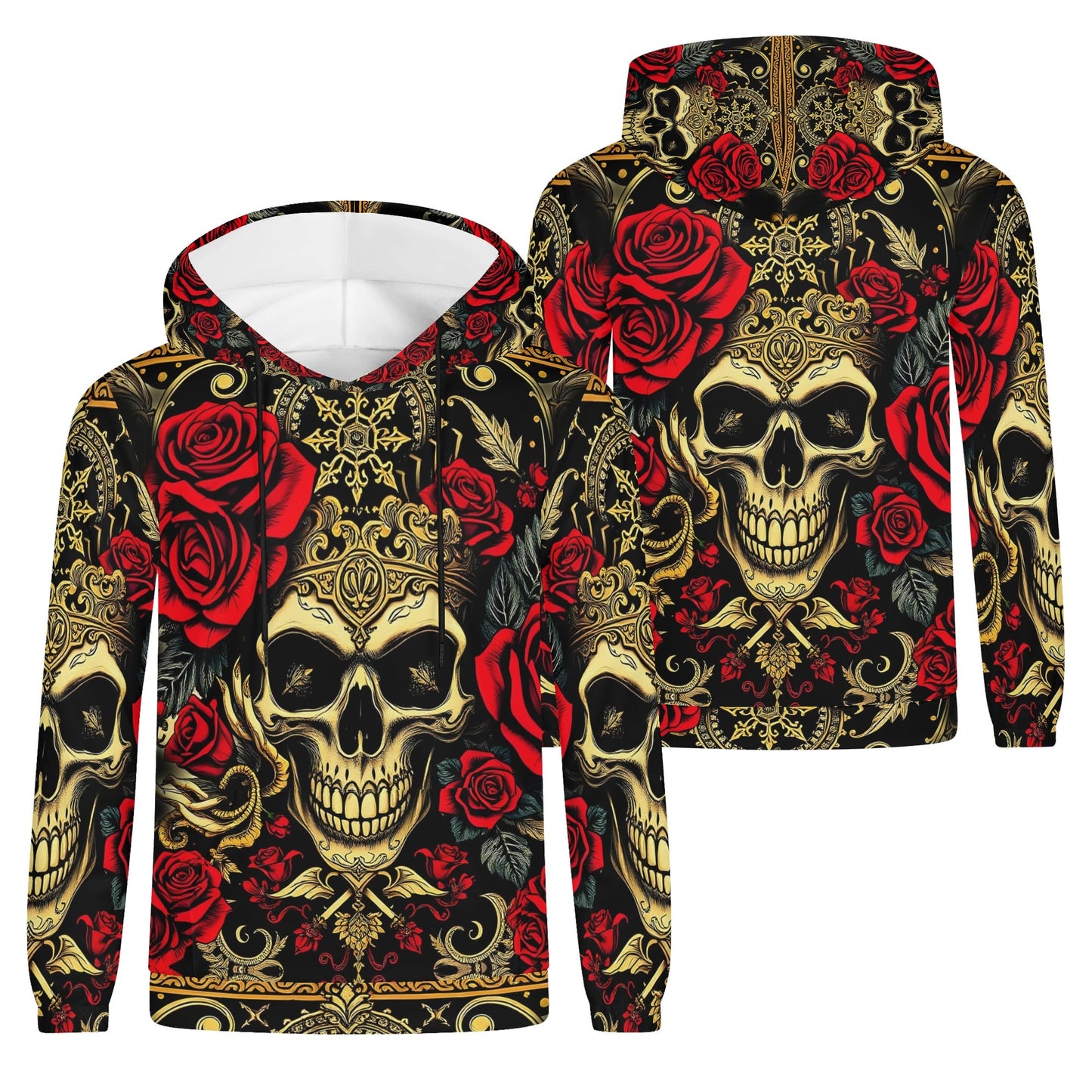 Loud and Lethal Crimson Path Poly French Terry hoodie with skull and red rose design, unisex hoodie front and back view