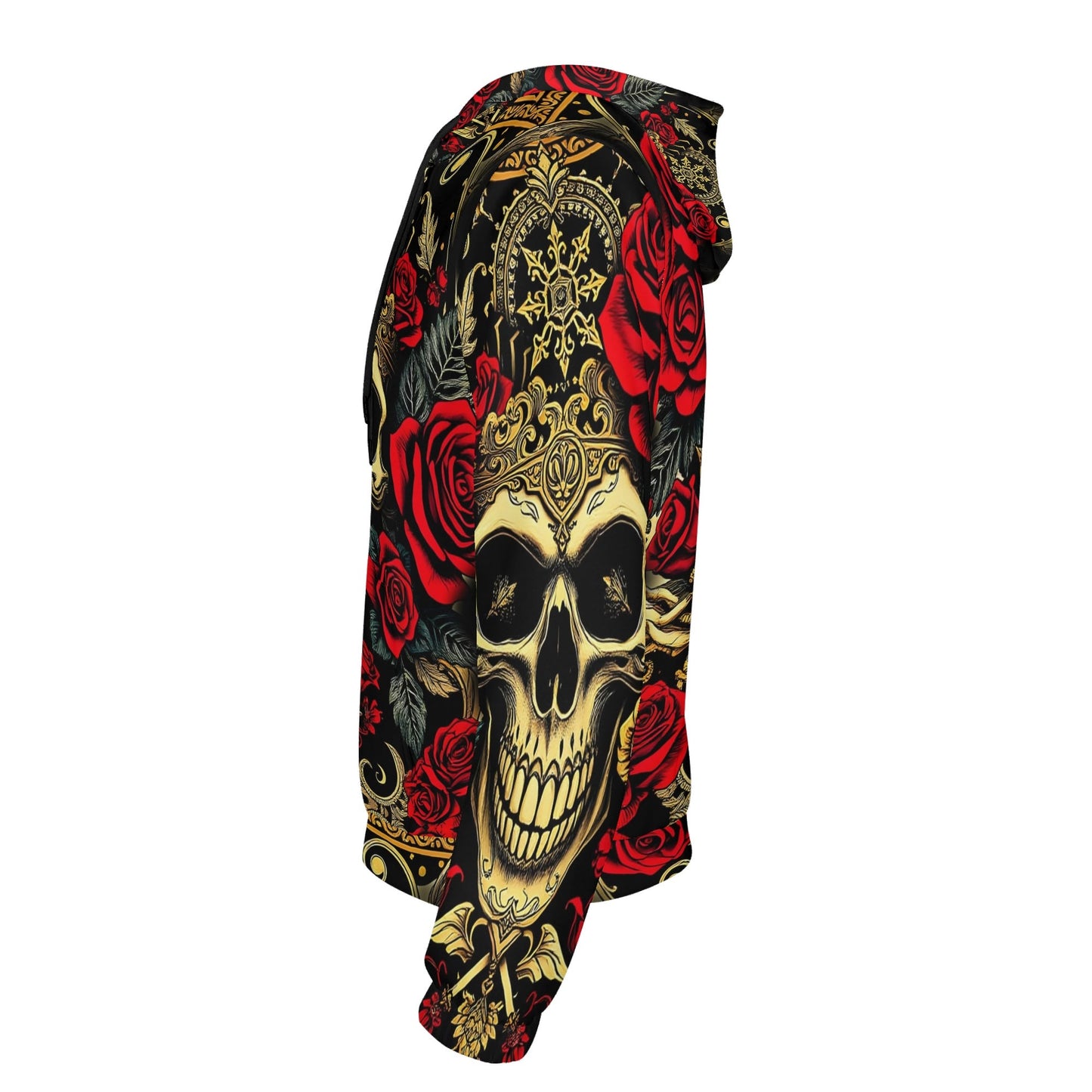 Loud and Lethal Crimson Path Poly French Terry hoodie featuring skull and red rose graphic design