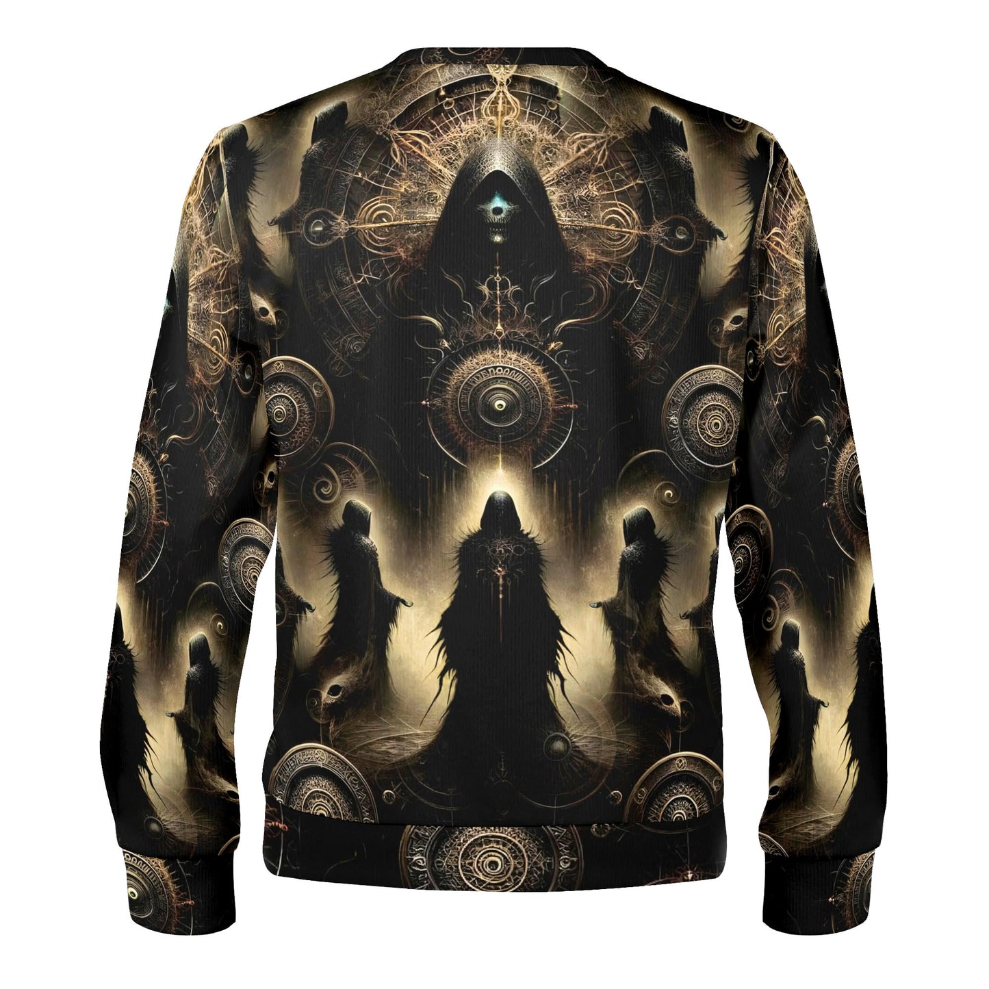 The Hooded Covenant Poly French Terry Sweatshirt by Loud and Lethal unisex with dark hooded figures and mystic mandala print