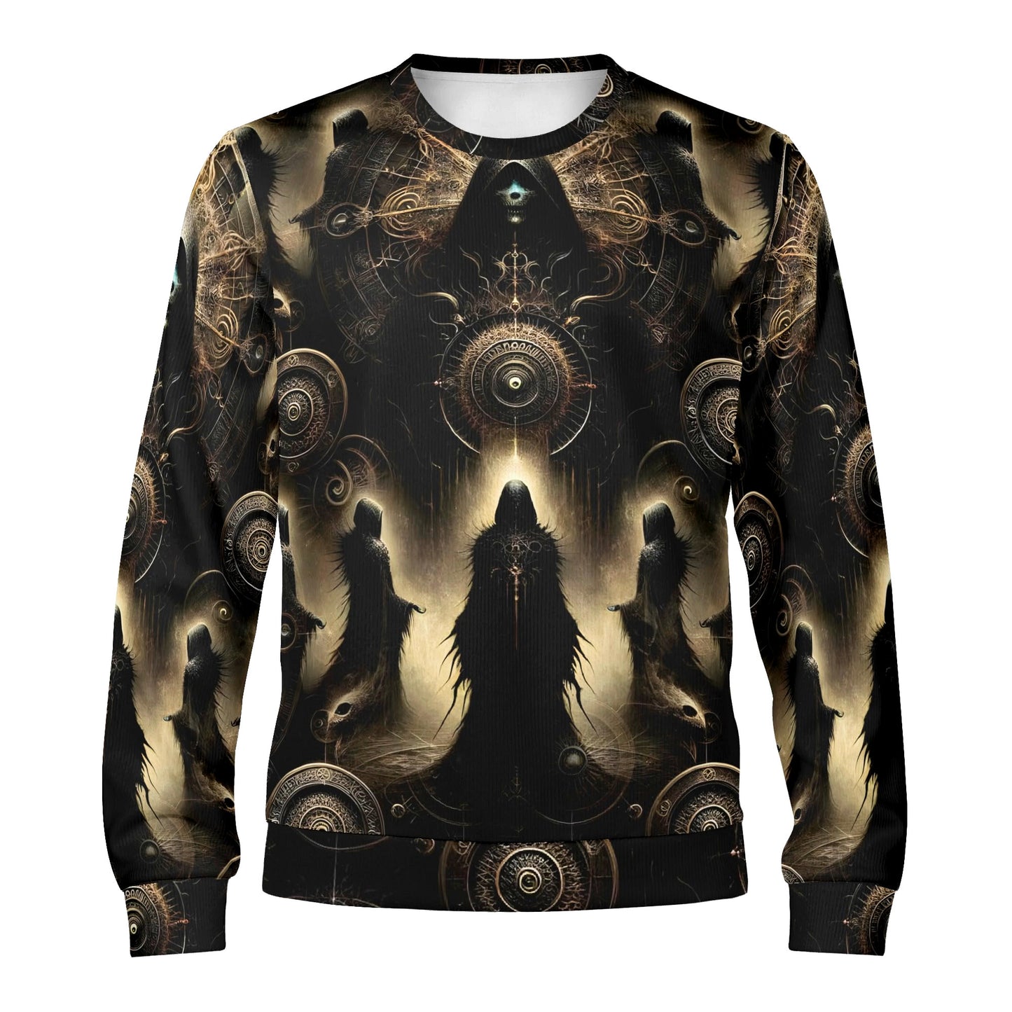 The Hooded Covenant Poly French Terry Sweatshirt unisex sweater with dark hooded figures and ornate gold sigil print