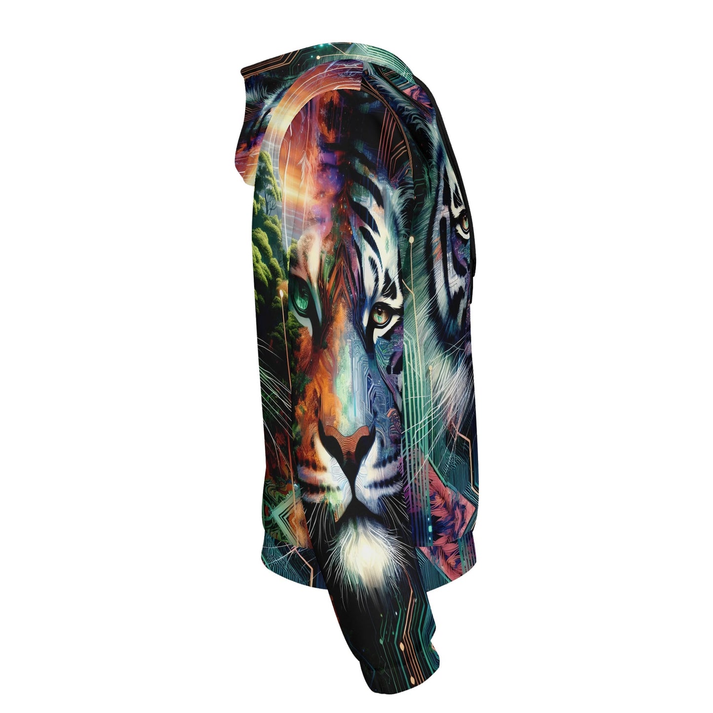 Loud and Lethal cybernetic jungle poly french terry hoodie with vibrant tiger face design