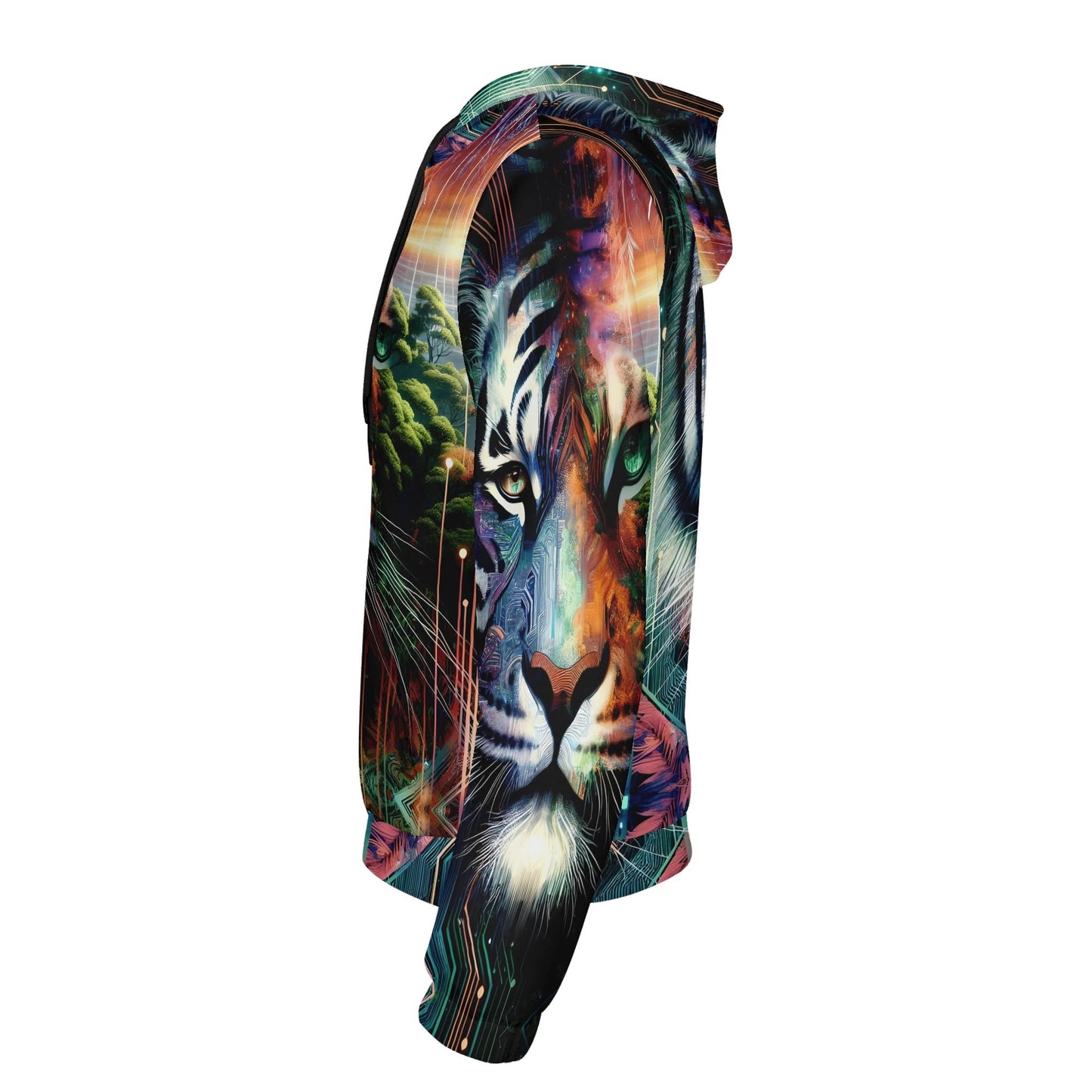 Loud and Lethal cybernetic jungle poly french terry hoodie featuring vibrant tiger and jungle design