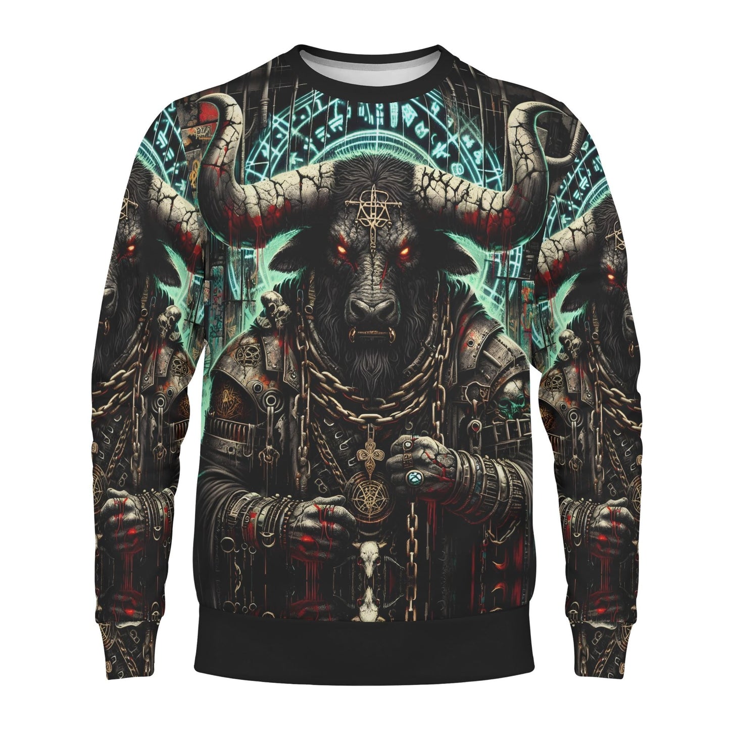 Unisex sweater with horned Minotaur chains and glowing red eyes Mythical Monsters Minotaur Poly French Terry Sweatshirt