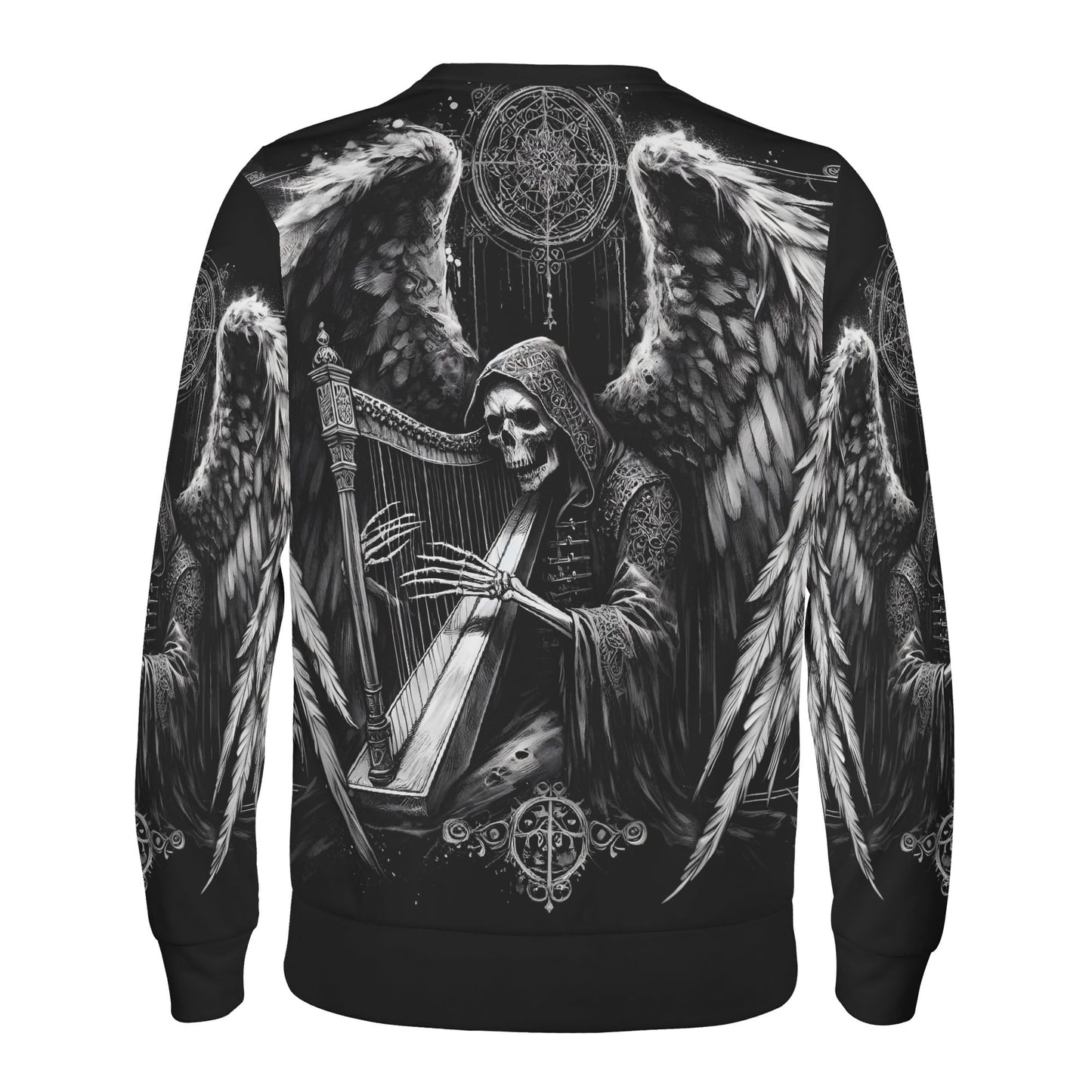 Loud and Lethal Harp of Shadows Poly French Terry Sweatshirt black unisex sweater with hooded skeleton angel and harp