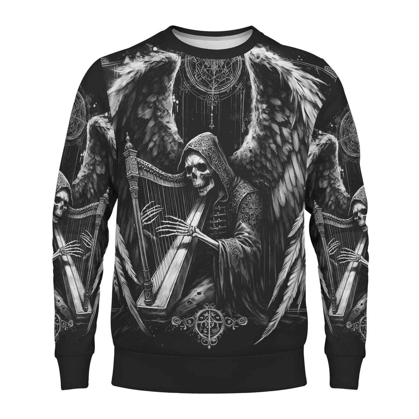 Loud and Lethal Harp of Shadows Poly French Terry Sweatshirt unisex black crewneck with gothic skeleton angel playing harp