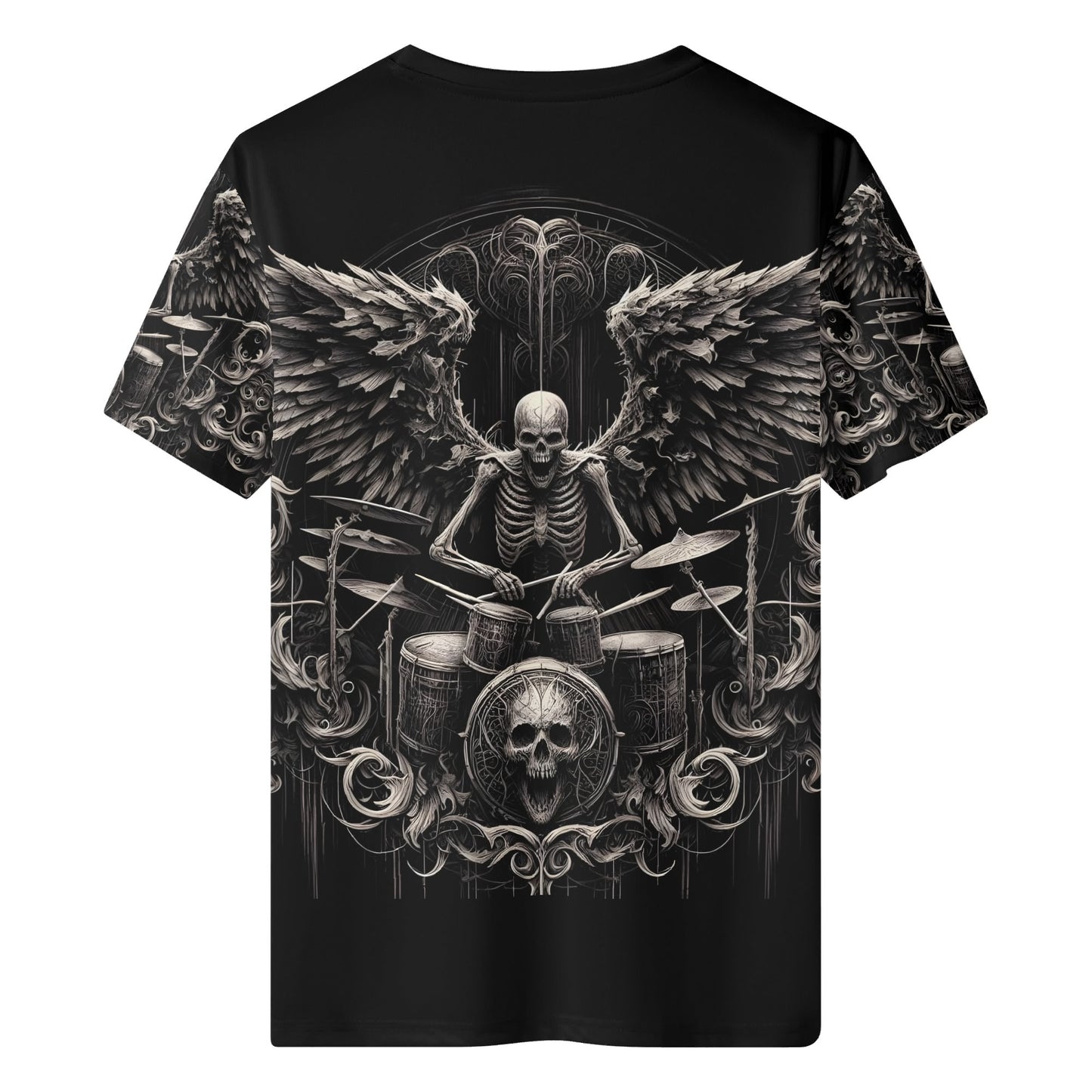 Dark Drumming 100 Cotton T Shirt featuring skeleton drummer with wings and skull design on black unisex tee