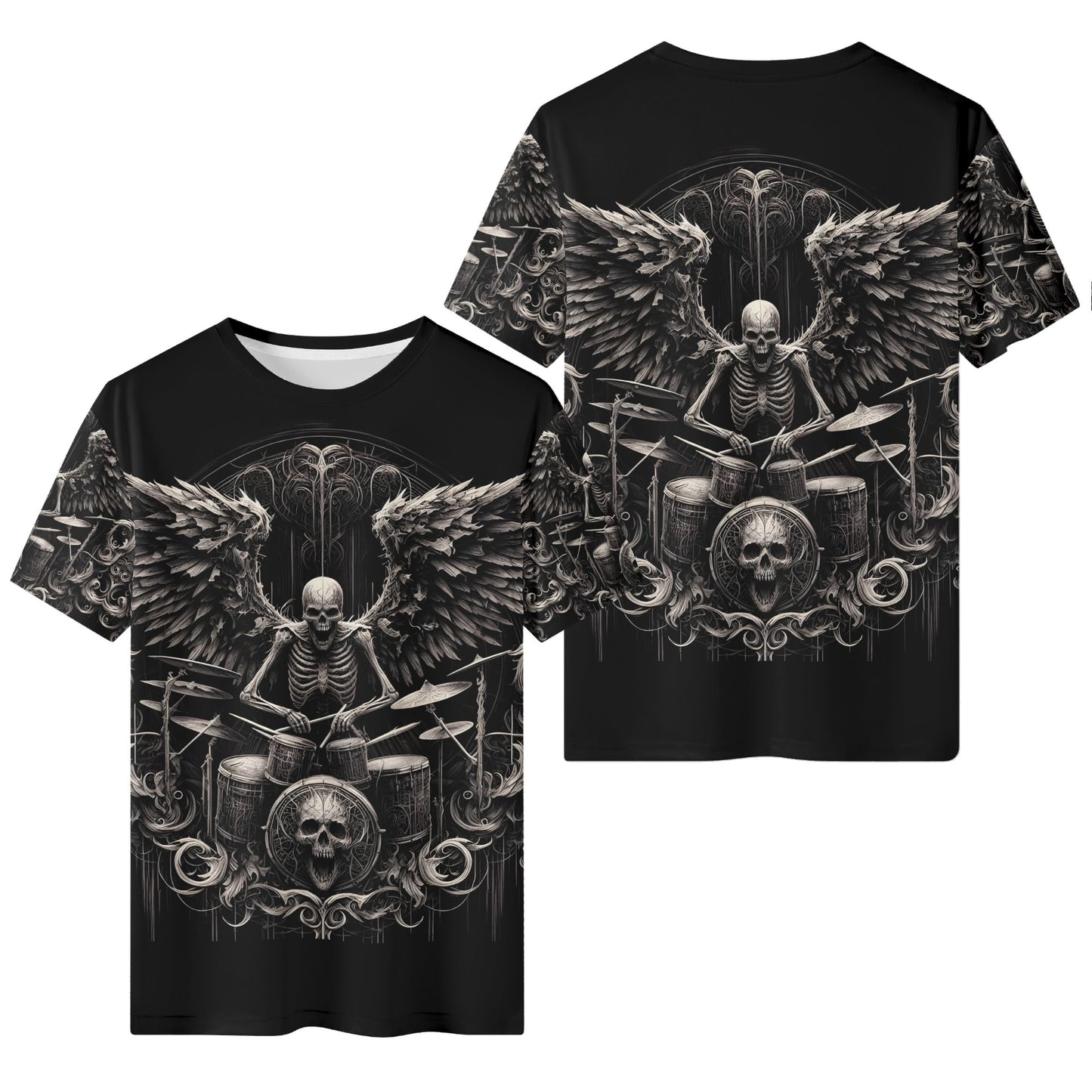 Dark Drumming 100 Cotton T-Shirt by Loud and Lethal featuring skeleton drummer with wings on black unisex tee