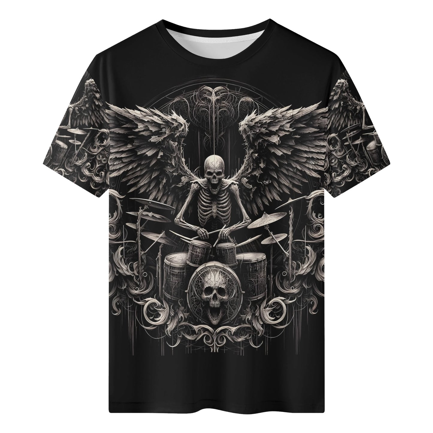Dark Drumming 100 Cotton T-Shirt featuring a winged skeleton playing drums on a black unisex tee