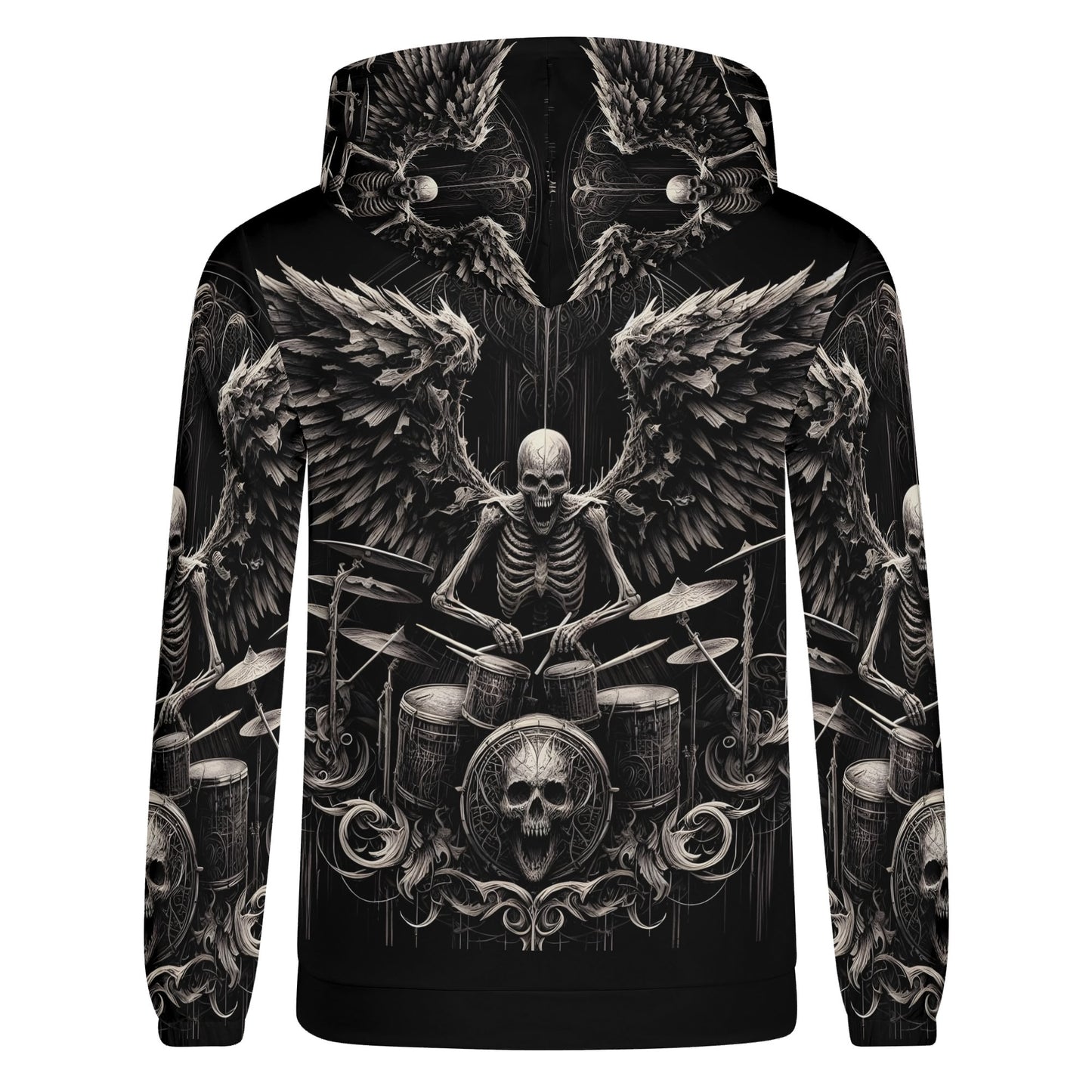 Loud and Lethal dark drumming cotton terry hoodie with skeleton drummer and wings graphic design