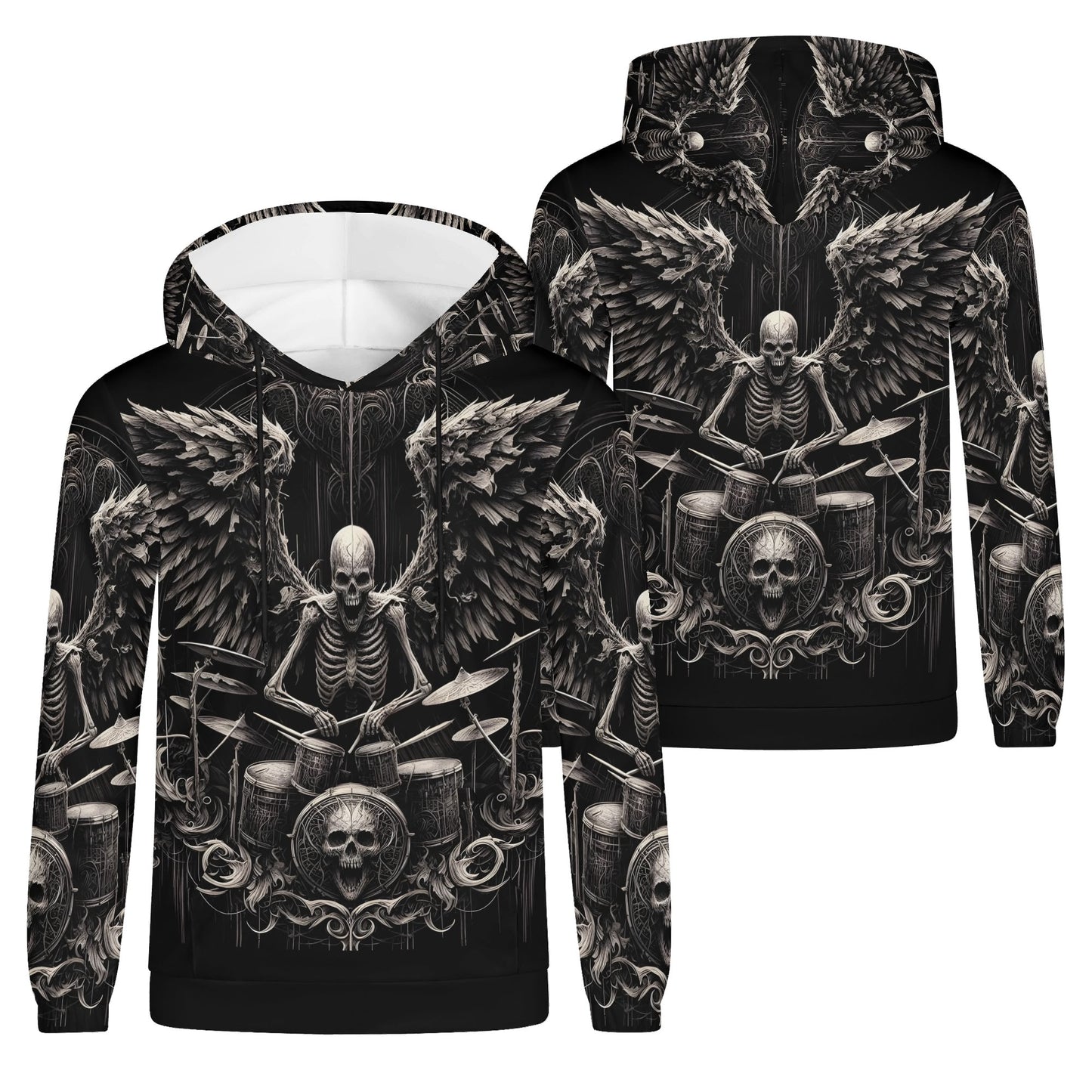 Loud and Lethal dark drumming cotton terry hoodie featuring skeleton drummer graphic with wings