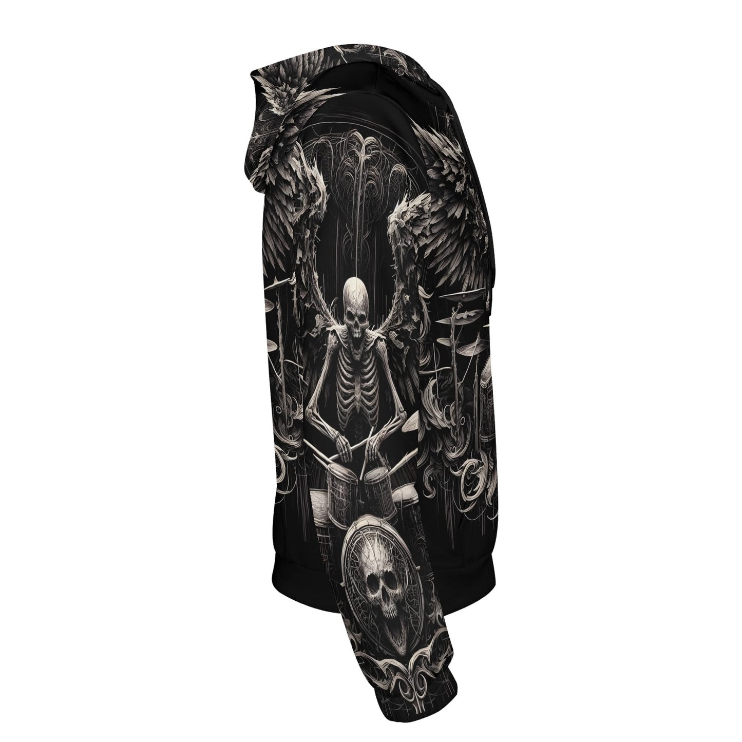 Dark drumming cotton terry hoodie with skeleton drummer and gothic wings design by Loud and Lethal