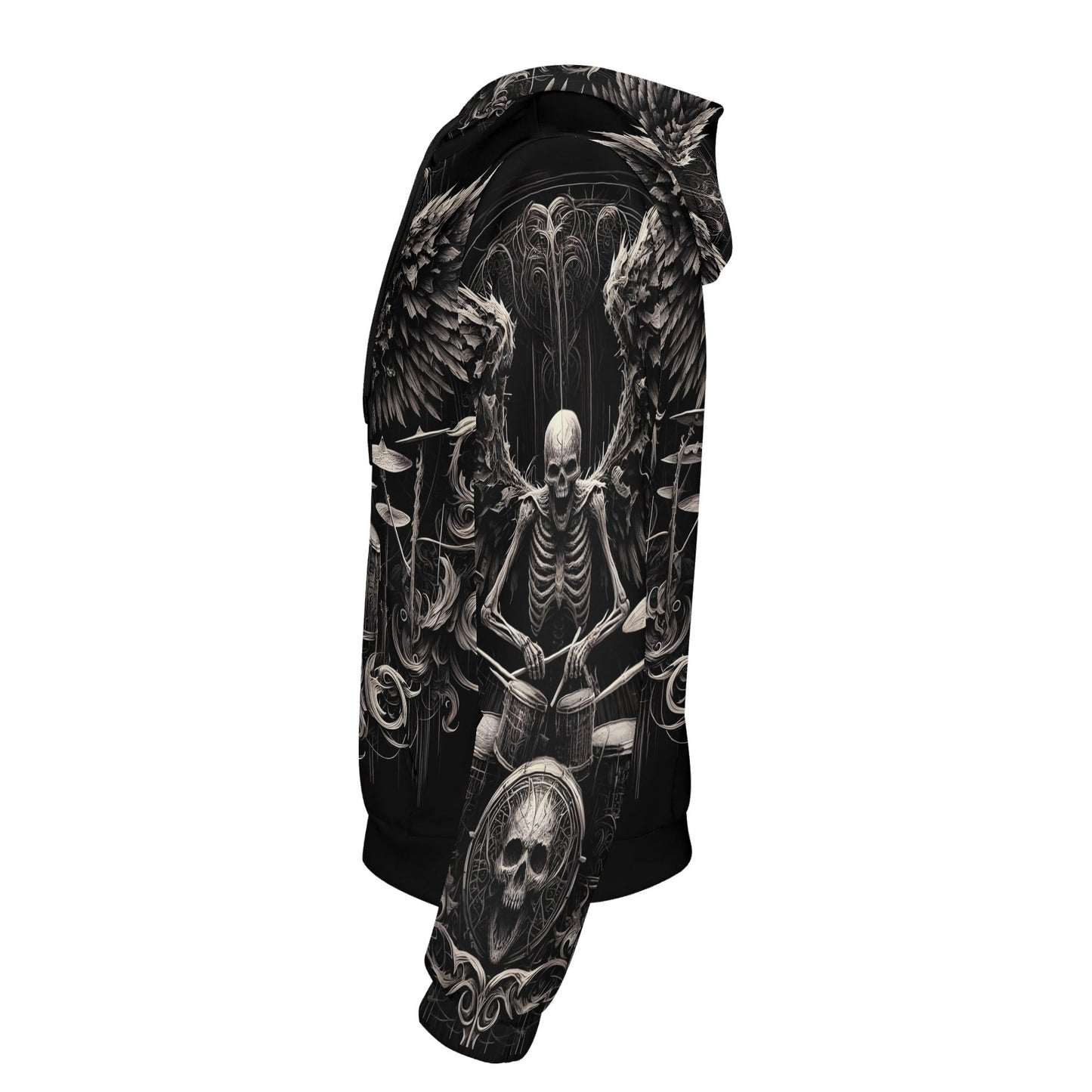 Unisex Loud and Lethal dark drumming cotton terry hoodie with skeleton drummer and skull design