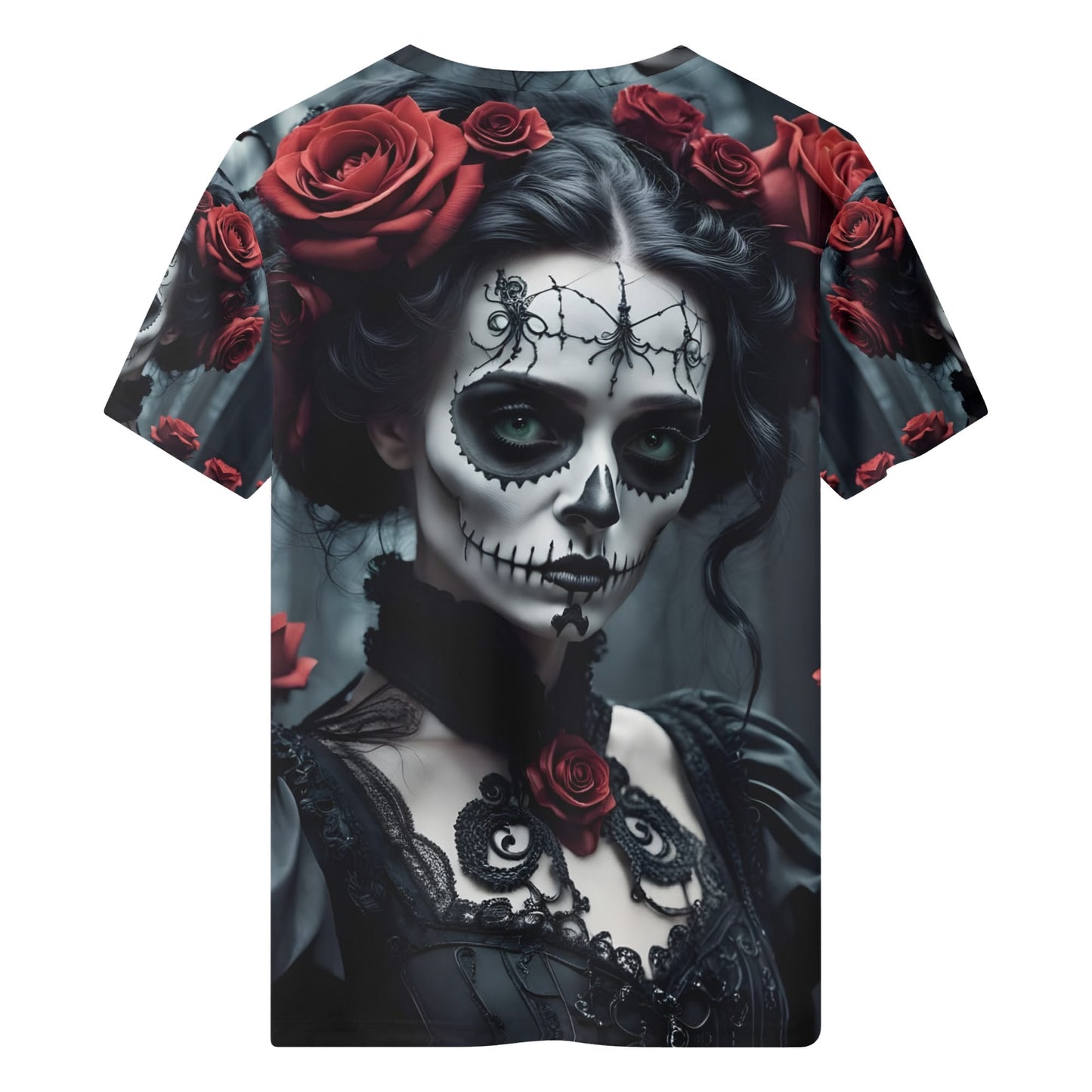Dark Rose Enigma 100 Cotton T-Shirt featuring gothic woman with skull makeup and red roses design