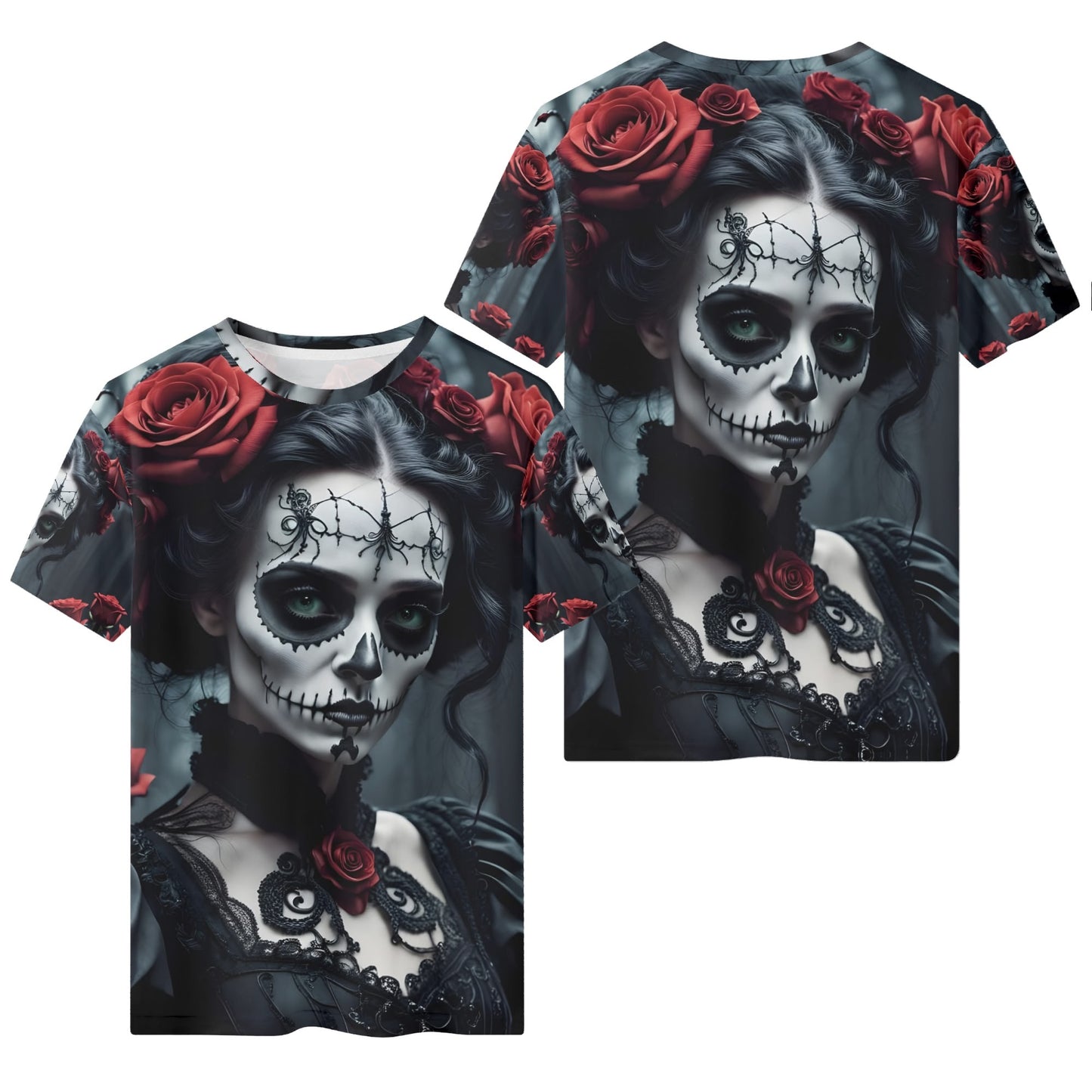 Dark Rose Enigma 100 Cotton T-Shirt featuring gothic woman with skull face paint and red roses
