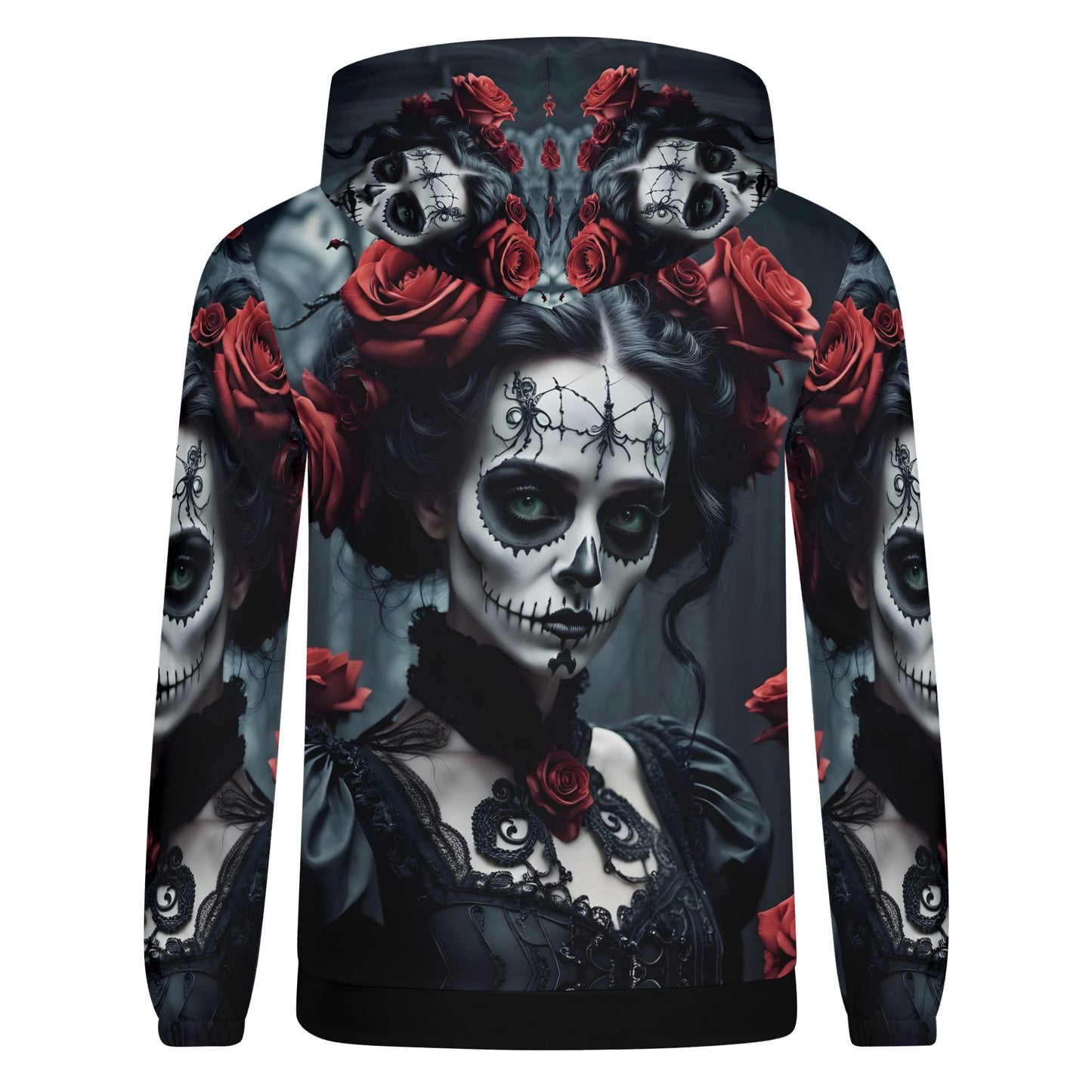 Dark Rose Enigma Poly French Terry hoodie with gothic skull makeup and red rose design by Loud and Lethal