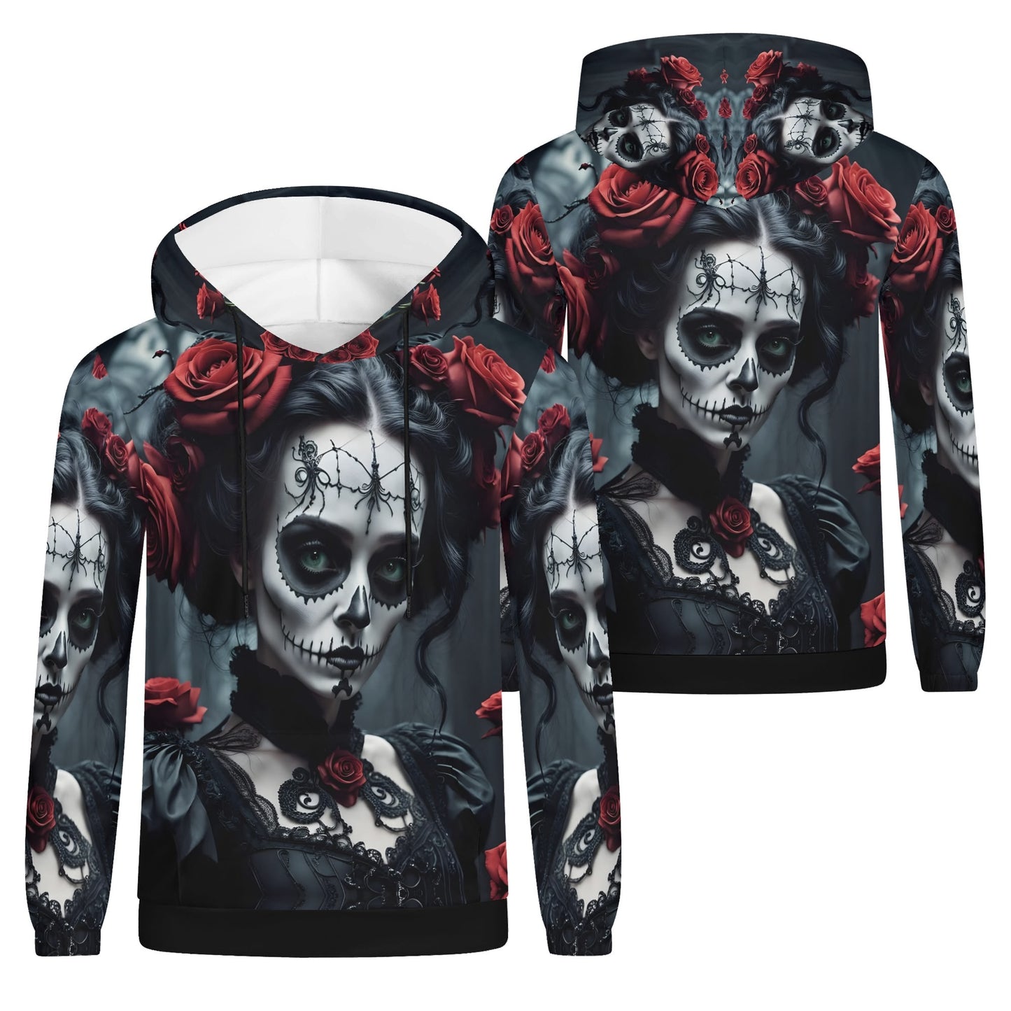 Dark Rose Enigma Poly French Terry hoodie by Loud and Lethal with gothic skull face and red rose design