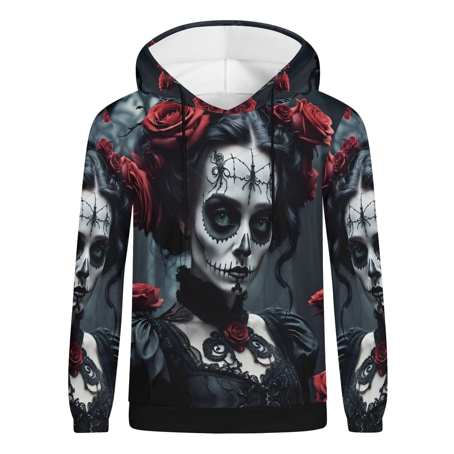 Dark Rose Enigma Poly French Terry hoodie with skull face art and red rose design by Loud and Lethal